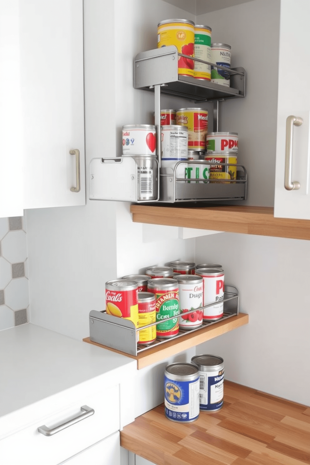 A modern kitchen featuring tiered organizers for canned goods. The organizers are made of sleek metal and are positioned on a wooden shelf, providing easy access and visibility to all the canned items. The walls are painted in a soft white, creating a bright and airy atmosphere. A stylish backsplash with geometric tiles adds a pop of color and texture to the overall design.