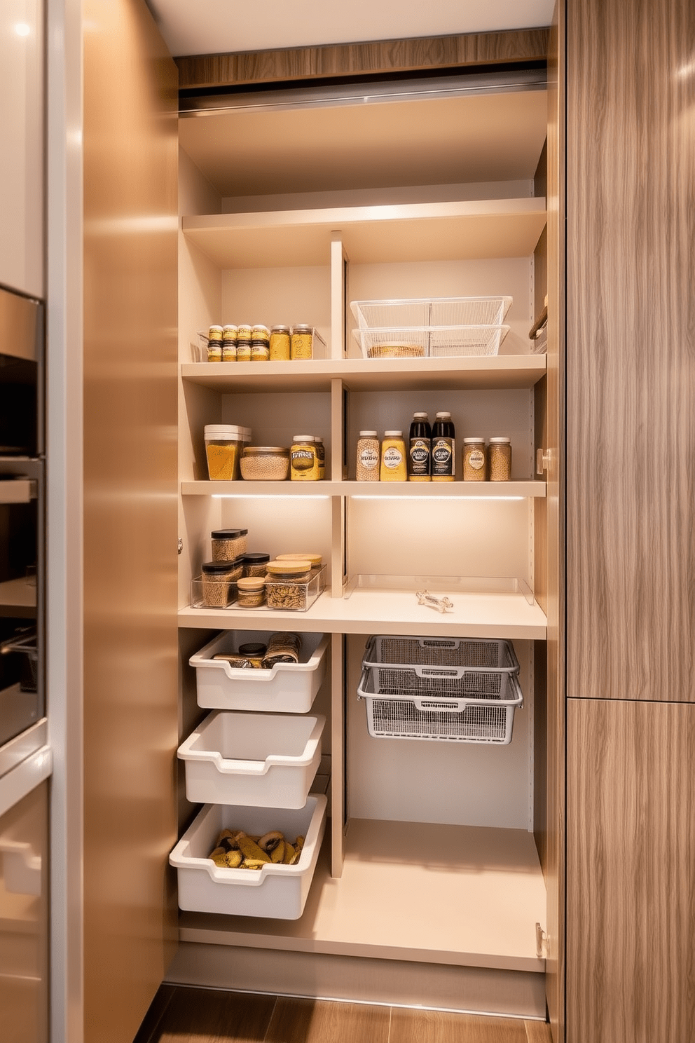 A pull-out pantry designed for efficient storage features sleek cabinetry with smooth, minimalist lines. The interior is organized with adjustable shelves and pull-out bins, maximizing space and accessibility. The pantry door blends seamlessly with the surrounding cabinetry, maintaining a cohesive look throughout the kitchen. Soft LED lighting illuminates the contents, making it easy to find ingredients and cooking essentials.