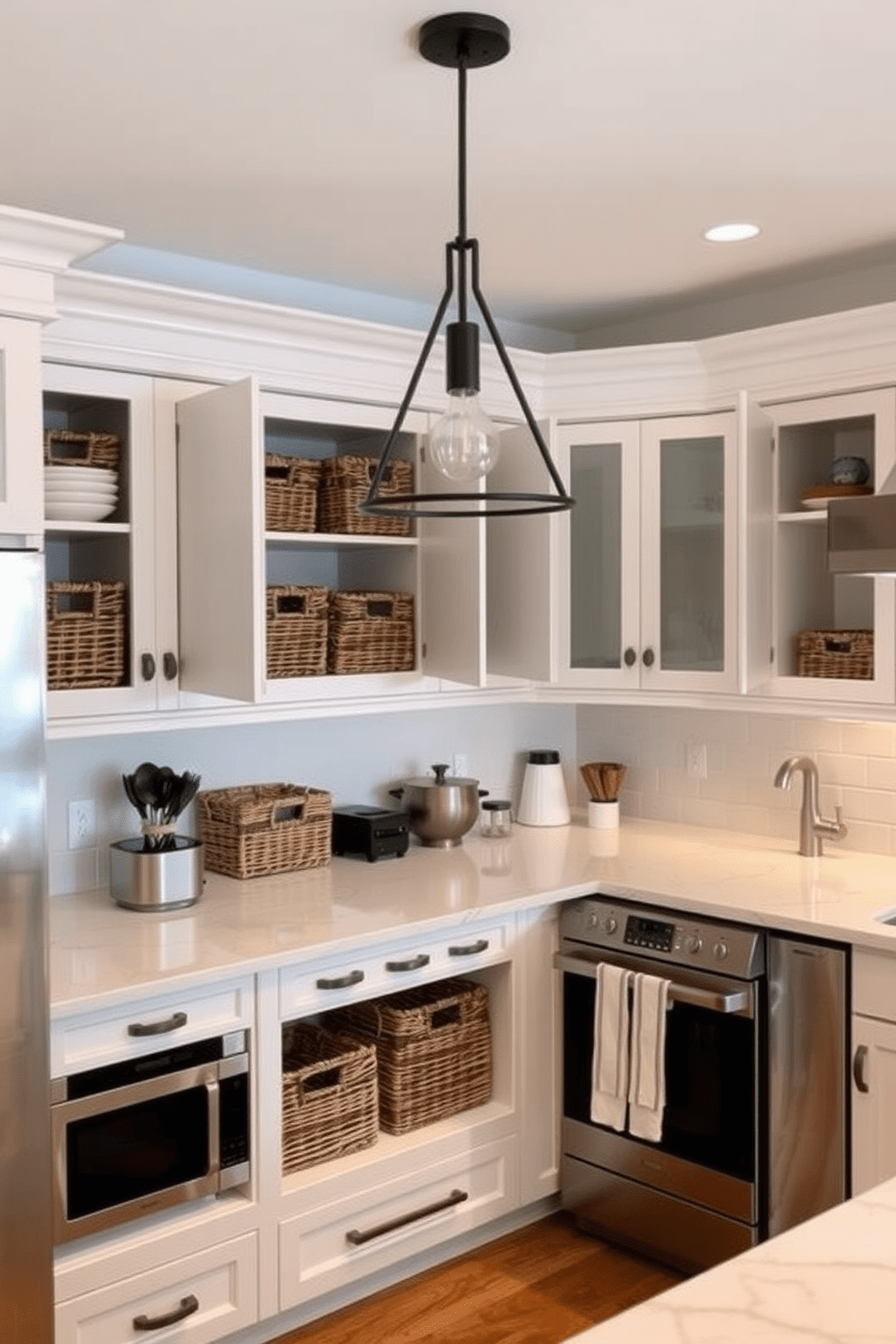 A modern kitchen featuring open cabinets with woven baskets neatly arranged inside for hidden storage. The cabinets are painted in a soft white color, complemented by a sleek marble countertop and stainless steel appliances. The baskets are made of natural fibers, adding warmth and texture to the space. A stylish pendant light hangs above the island, illuminating the kitchen while creating a cozy atmosphere.