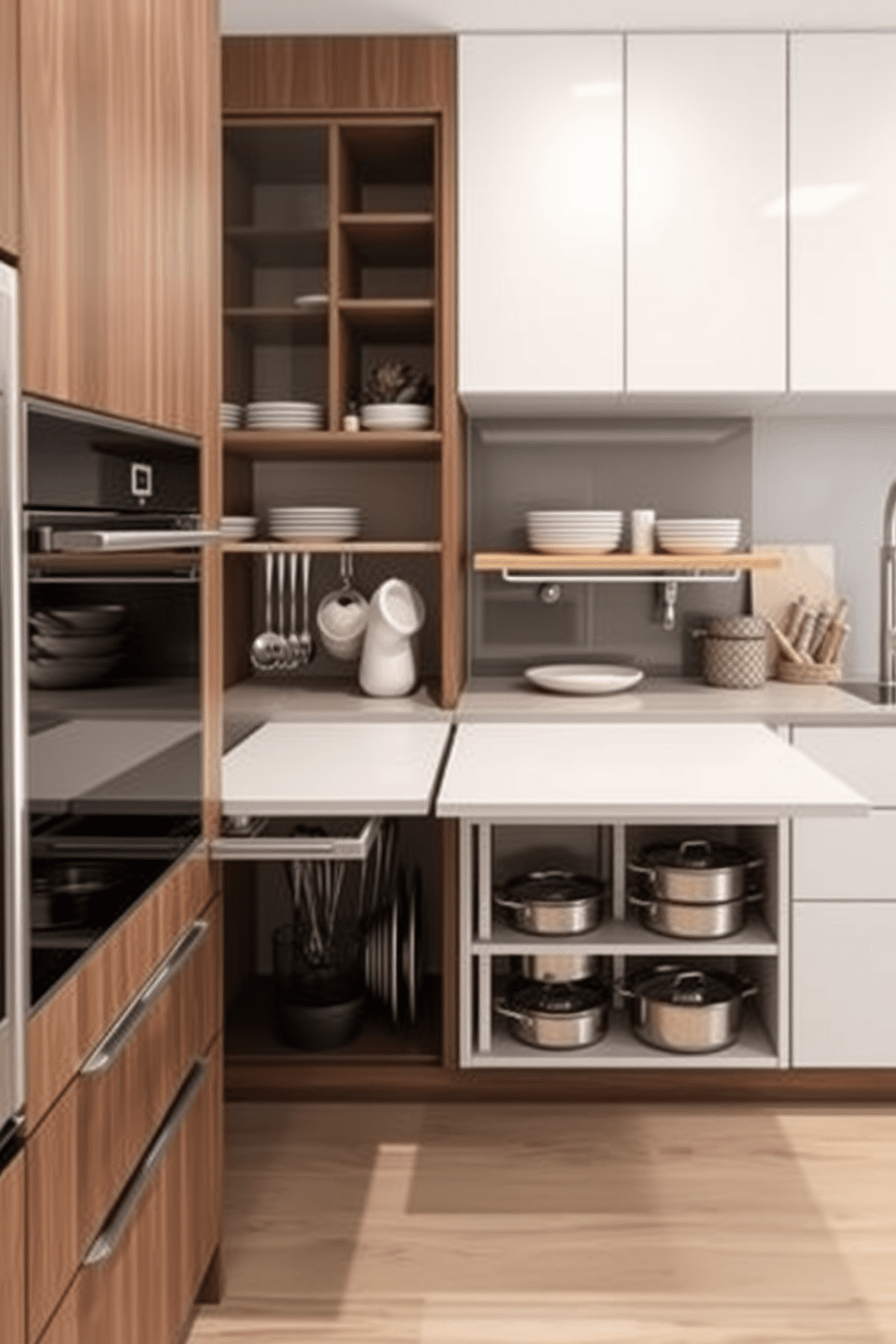 A contemporary kitchen featuring fold-down tables that seamlessly integrate into the cabinetry. These tables provide additional workspace when needed and can be easily stowed away to maintain a clean aesthetic. Innovative kitchen storage design ideas that maximize space and efficiency. The design includes pull-out shelves, vertical dividers for pots and pans, and hidden compartments to keep countertops clutter-free.