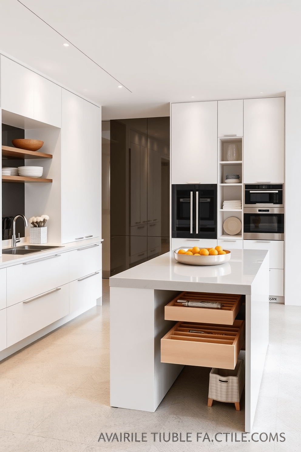 A modern kitchen featuring hidden cabinets that blend seamlessly into the walls creates a sleek and uncluttered appearance. The cabinetry is finished in a matte white, enhancing the bright and airy feel of the space while providing ample storage without visual distractions. Incorporated into the design are pull-out drawers and clever organizational solutions that maximize functionality while maintaining the minimalist aesthetic. A large island with a waterfall countertop serves as both a prep area and a casual dining spot, making the kitchen both stylish and practical.