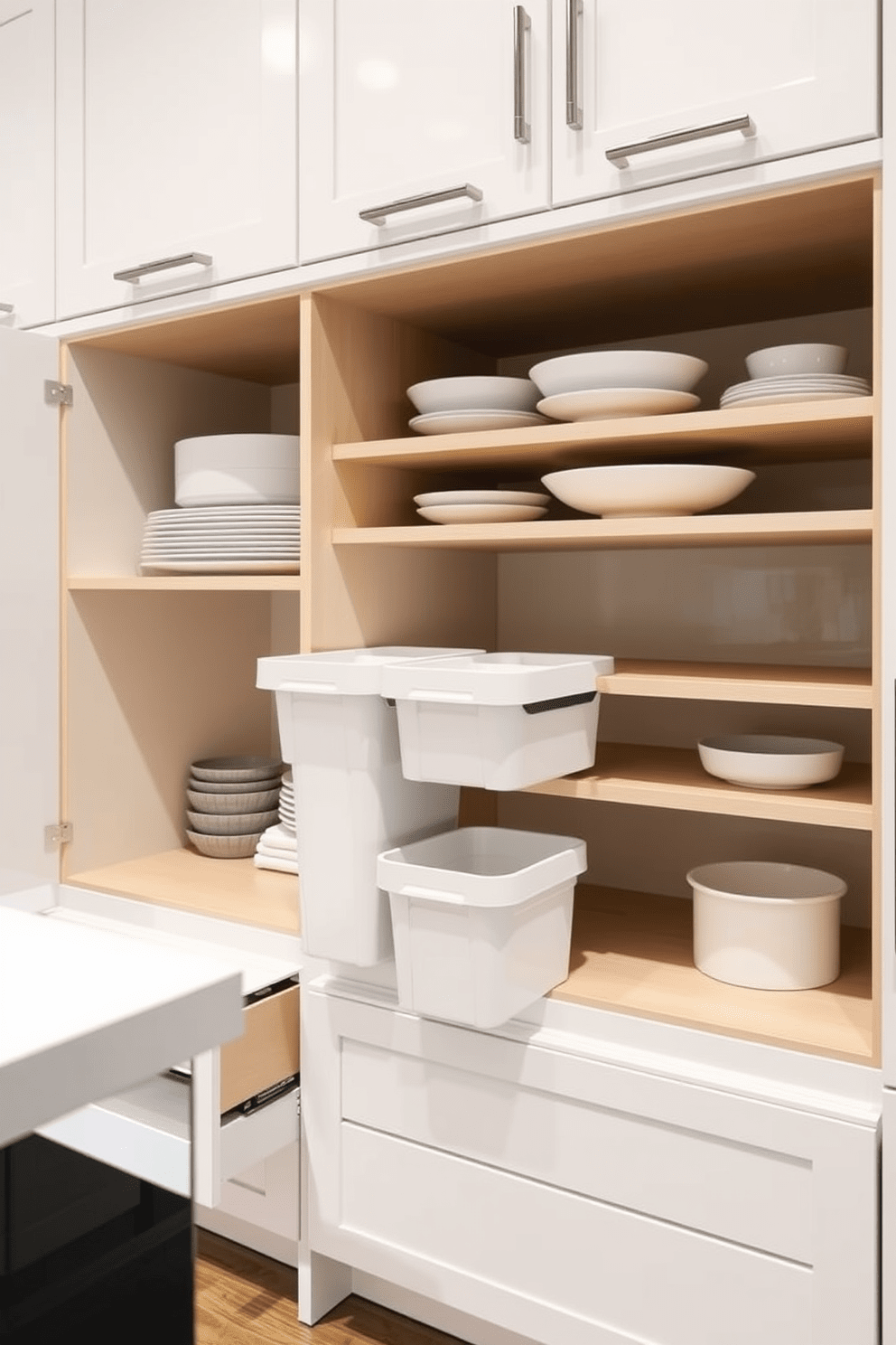 A modern kitchen featuring pull-out trash bins seamlessly integrated into the cabinetry for convenience. The storage design includes spacious drawers and shelves, maximizing space while maintaining a sleek and organized appearance.