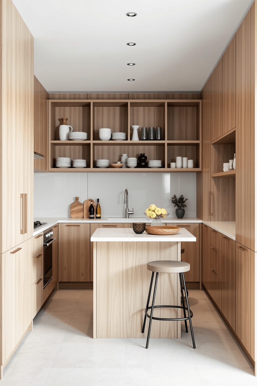 A sleek kitchen design featuring narrow cabinets that maximize storage in tight spaces. The cabinets are finished in a light wood with minimalist hardware, providing a clean and modern look. Open shelving above the cabinets displays stylish dishware and decorative items. A compact island in the center offers additional workspace and storage, complemented by high stools for casual dining.