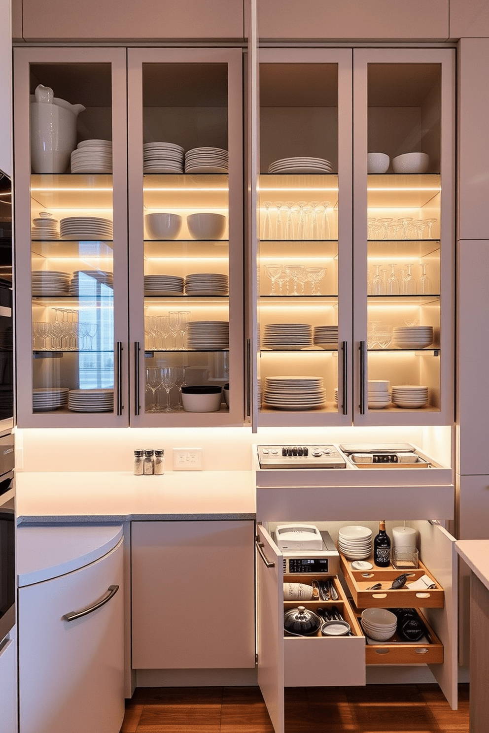 A modern kitchen featuring integrated lighting that highlights the contents of cabinets. The warm glow illuminates sleek shelves filled with neatly organized dishes and glassware, creating a welcoming atmosphere. Innovative storage solutions are incorporated throughout the kitchen, maximizing space and functionality. Pull-out drawers and hidden compartments ensure everything is easily accessible while maintaining a clean aesthetic.