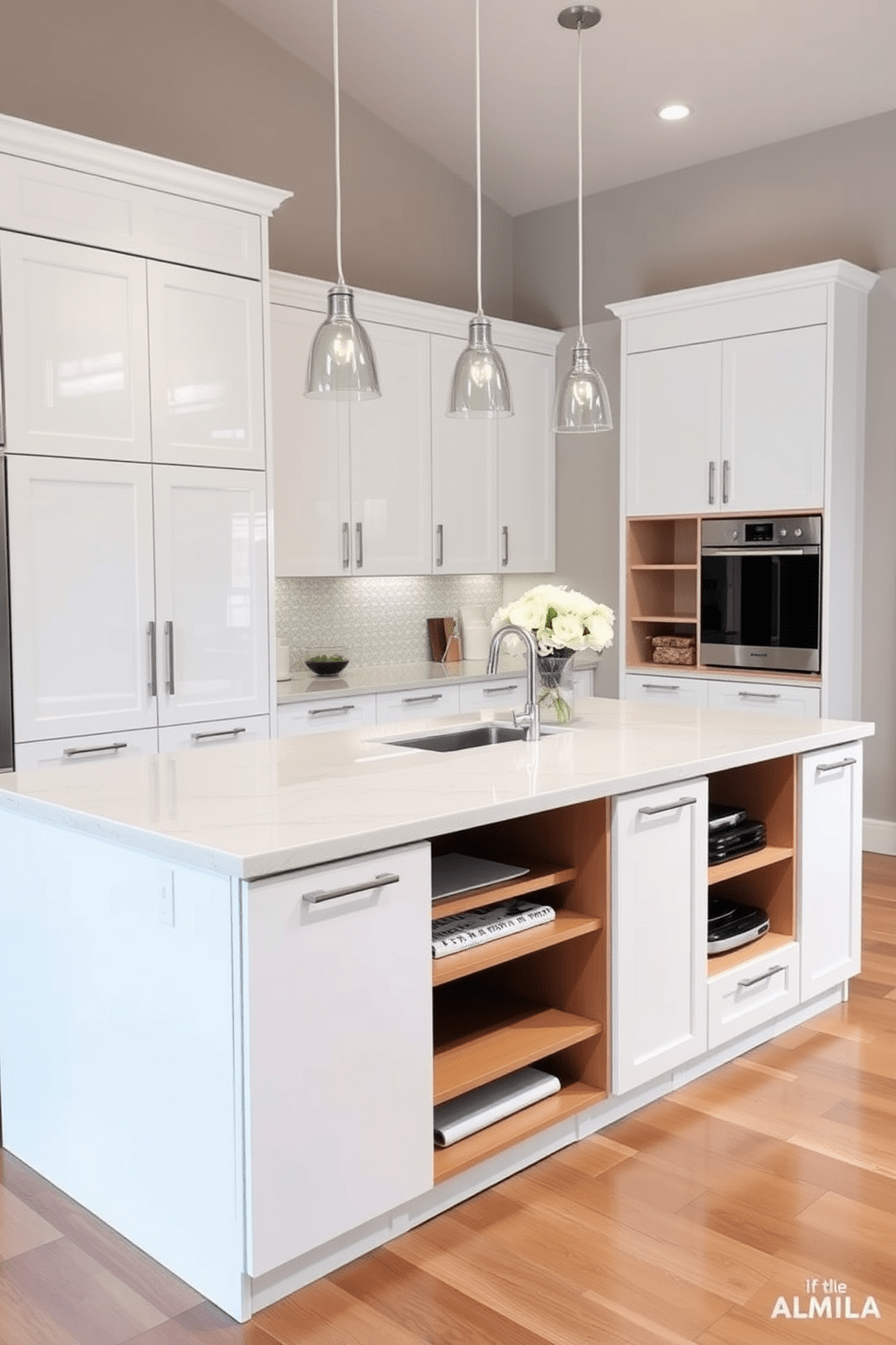 A modern kitchen island with built-in storage features sleek cabinetry in a glossy white finish. The island is topped with a large quartz countertop and includes bar seating on one side for casual dining. The storage design incorporates pull-out drawers and open shelving for easy access to kitchen essentials. Pendant lights hang above the island, providing both functionality and a stylish focal point in the space.