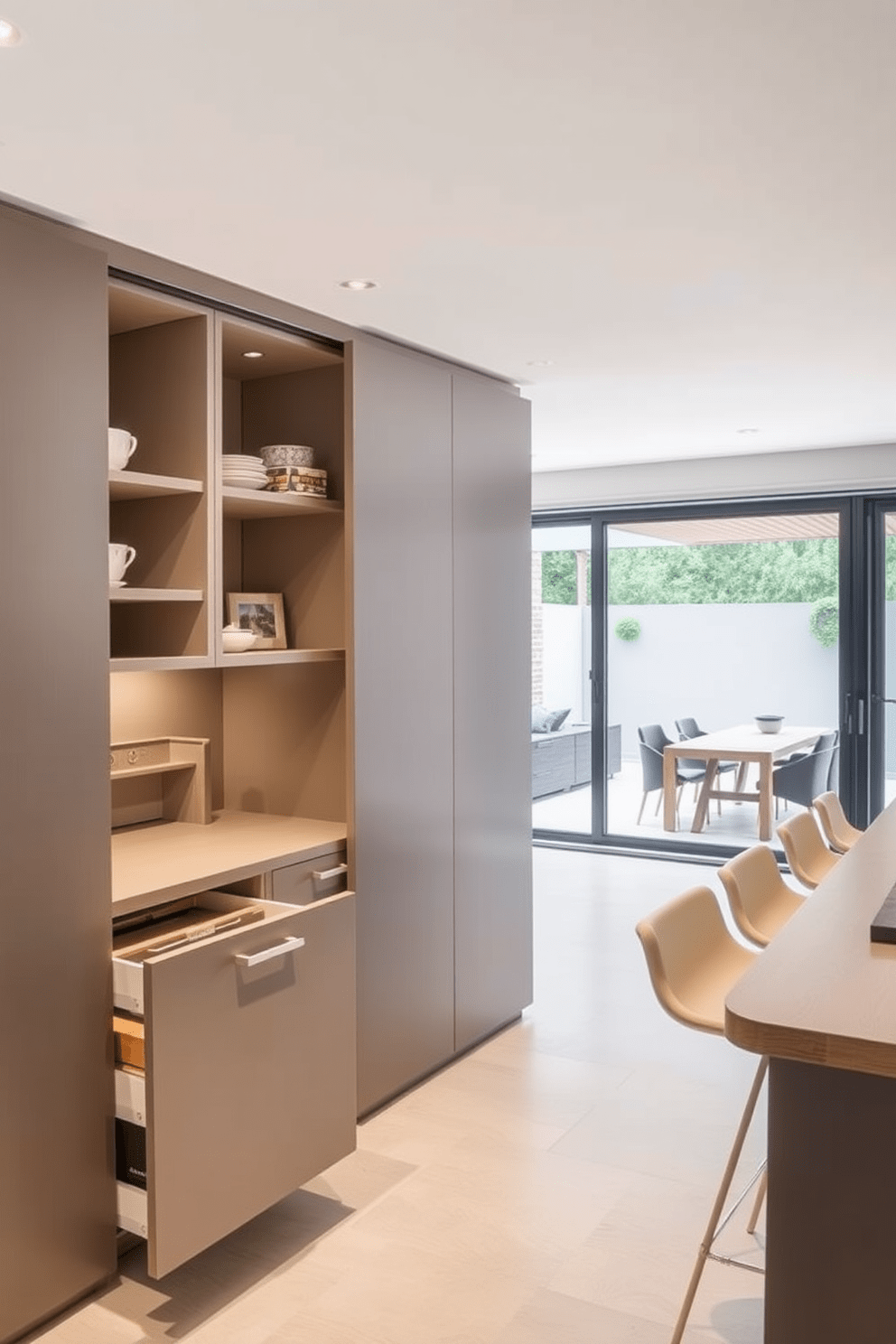 A modern kitchen featuring sleek sliding doors that provide easy access to the pantry and outdoor dining area. The cabinetry is designed with a combination of open shelves and closed storage, utilizing a minimalist aesthetic with clean lines and a neutral color palette. The kitchen island is equipped with additional storage options, including pull-out drawers and hidden compartments. Stylish bar stools line the island, creating an inviting space for casual dining and entertaining.