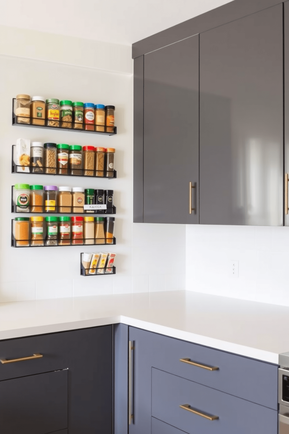 Magnetic spice racks are mounted on the walls, creating a visually appealing and functional display. The kitchen features sleek cabinetry with ample storage solutions, ensuring a clutter-free cooking space.