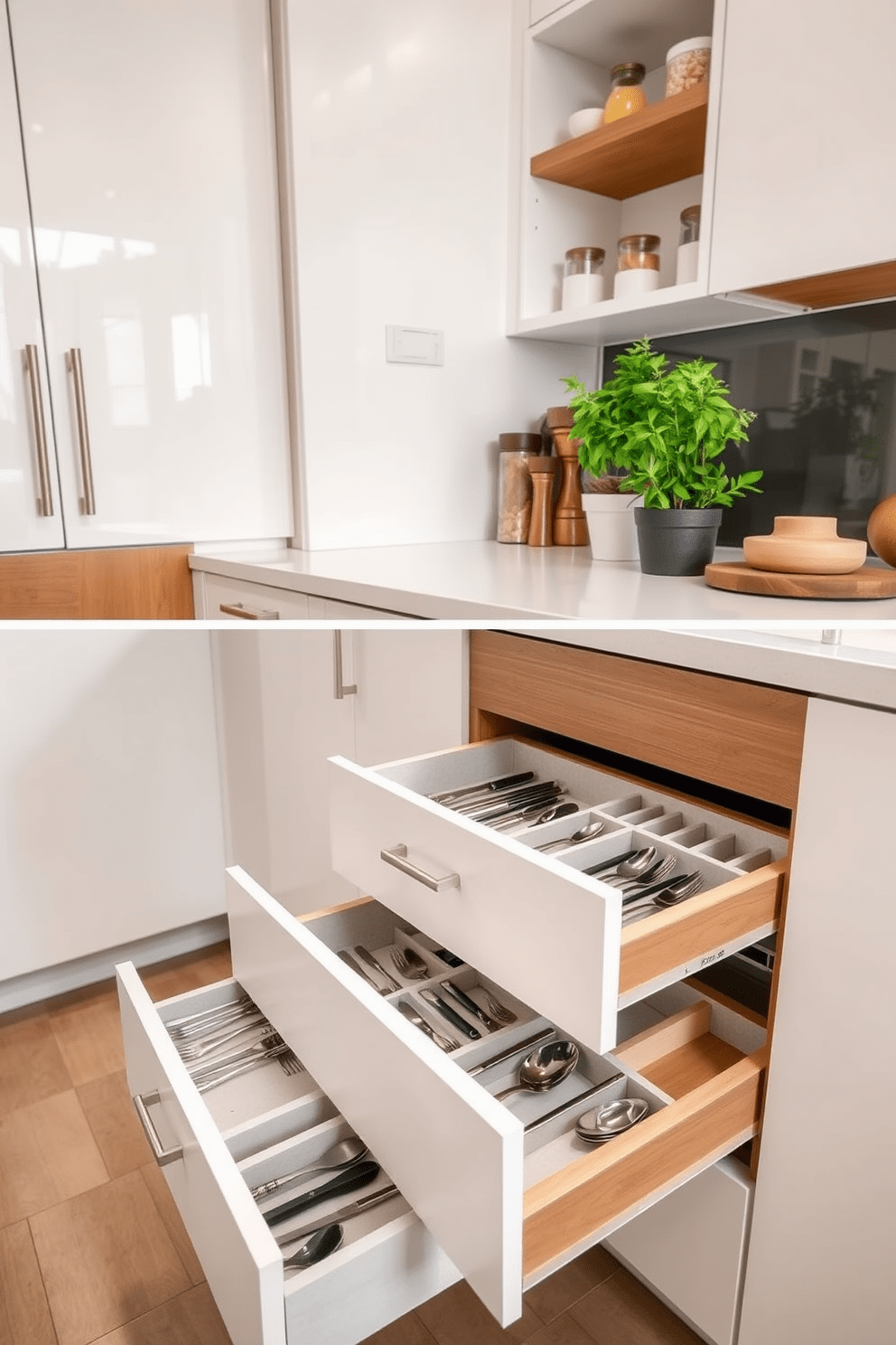 A modern kitchen with sleek cabinetry featuring innovative drawer dividers for utensils and tools. The drawers are organized with separate compartments, ensuring easy access and efficient storage for kitchen essentials. The color palette includes soft white cabinets paired with warm wood accents. A spacious countertop provides ample workspace, while decorative elements like potted herbs add a touch of freshness to the design.