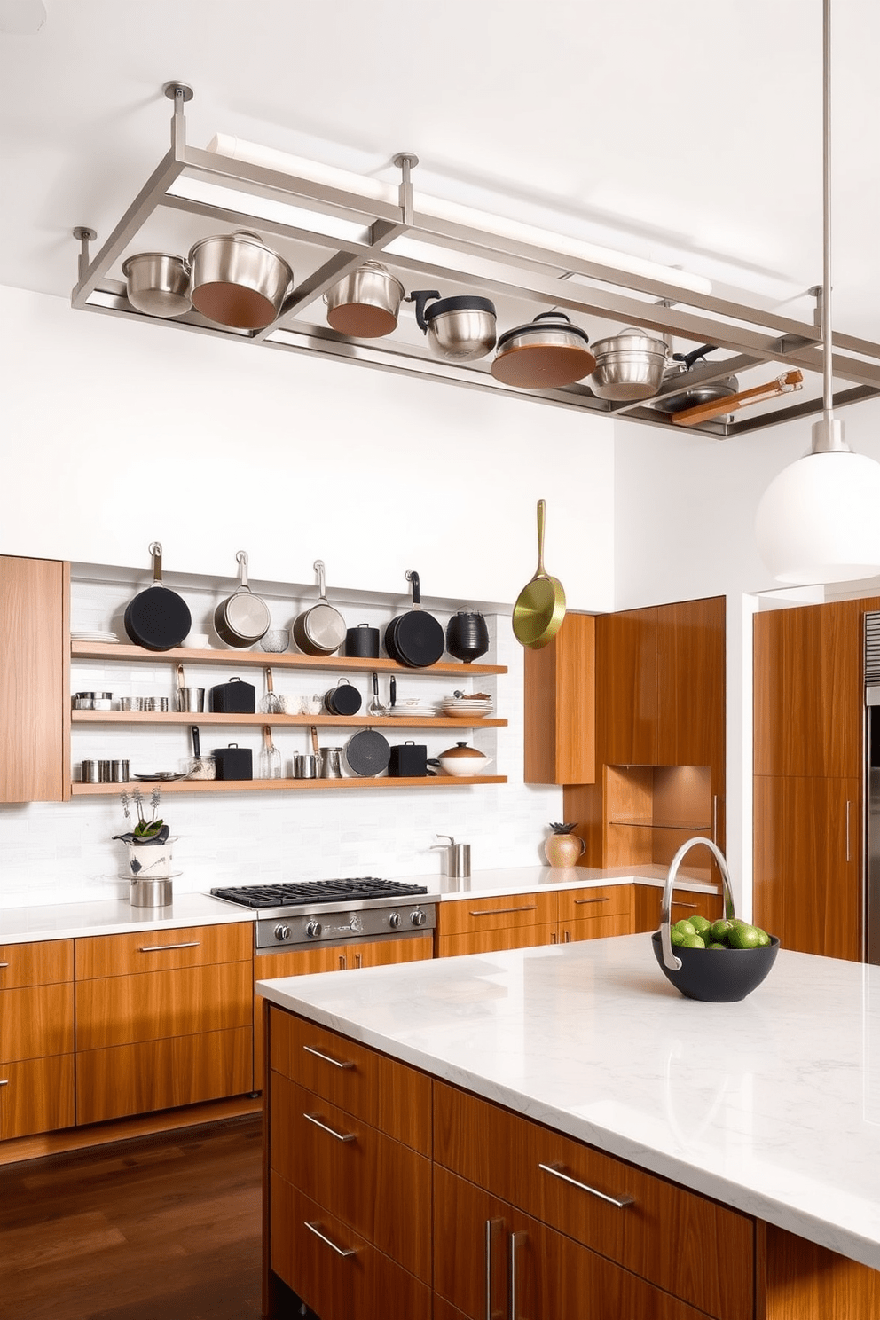 A modern kitchen featuring overhead pot racks that maximize vertical space for storage. The racks are made of brushed stainless steel and are suspended from the ceiling, showcasing an array of pots and pans in various sizes. The kitchen has a sleek, minimalist design with a large island at the center, topped with a polished quartz countertop. Warm wood cabinetry complements the contemporary aesthetic, while pendant lights hang above the island, providing both illumination and style.