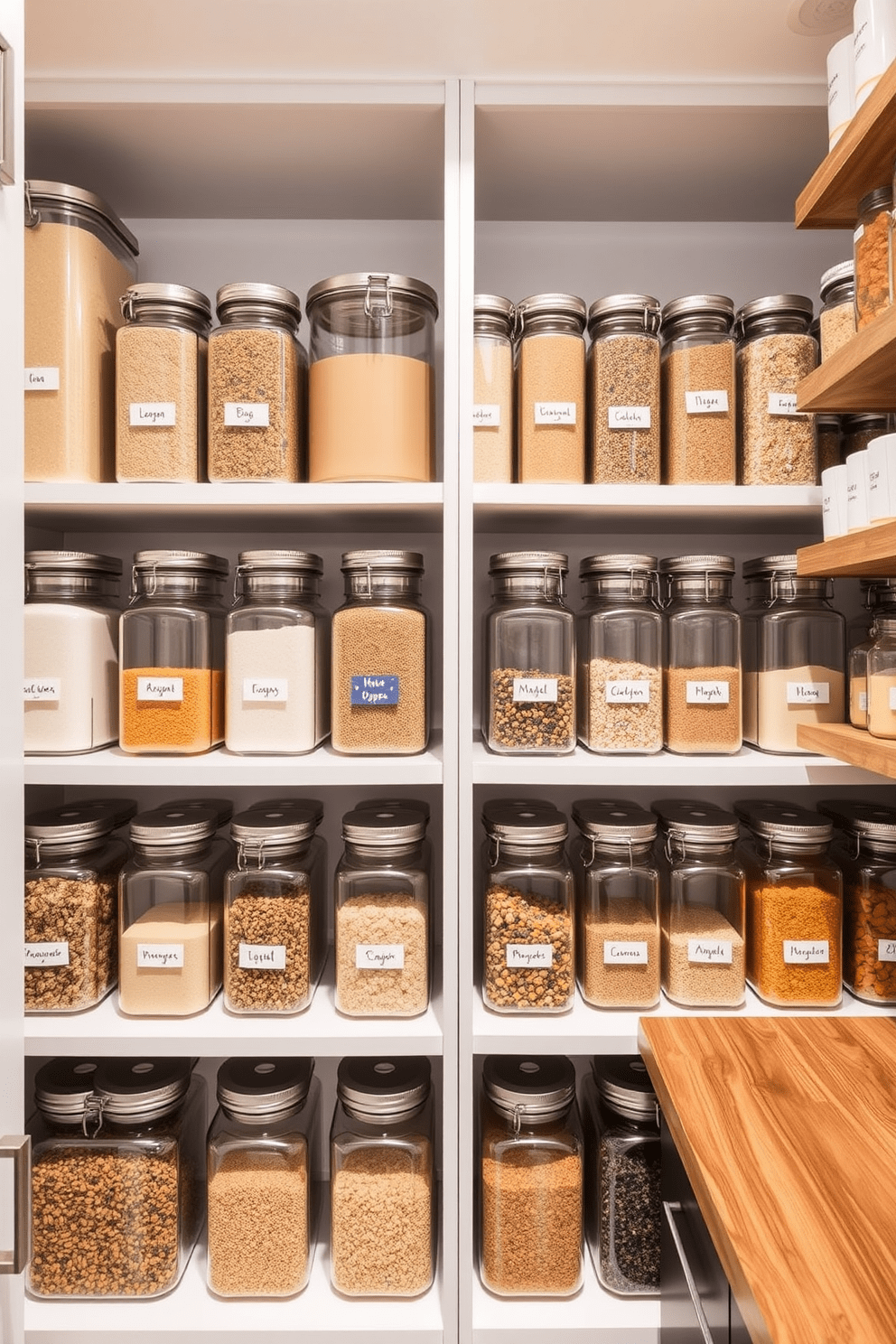 Create a modern pantry with clear containers that showcase a variety of colorful dry goods. The shelves are neatly organized, allowing for easy visibility and access to ingredients while maintaining a clean and minimalist aesthetic. Incorporate wooden accents for warmth, such as a wooden countertop or shelving, to contrast with the glass containers. Add decorative labels to each container for a personalized touch, enhancing both functionality and style.