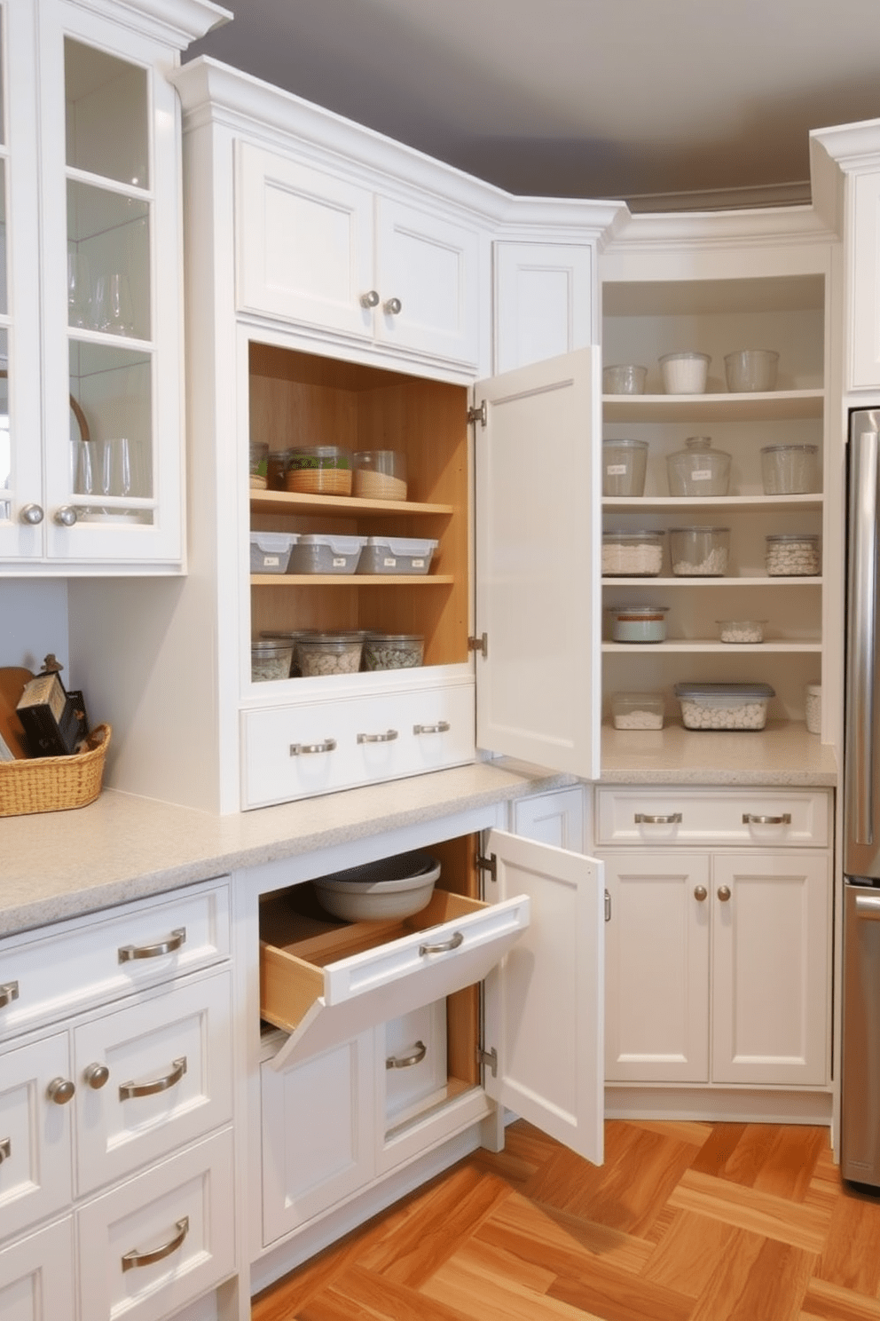 Create a cozy kitchen corner featuring elegant cabinets with lazy Susans for optimal storage. The cabinets are painted in a soft white with brushed nickel handles, and the interior is organized with pull-out shelves and clear containers for easy access.