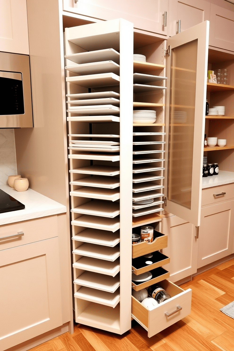 A sleek vertical storage unit designed specifically for baking sheets. The unit features multiple slots for easy access and organization, with a minimalist aesthetic that complements modern kitchen decor. Incorporate a combination of open shelving and closed cabinets to maximize storage efficiency. The design includes pull-out drawers for smaller baking accessories, ensuring everything is within reach and neatly stored.