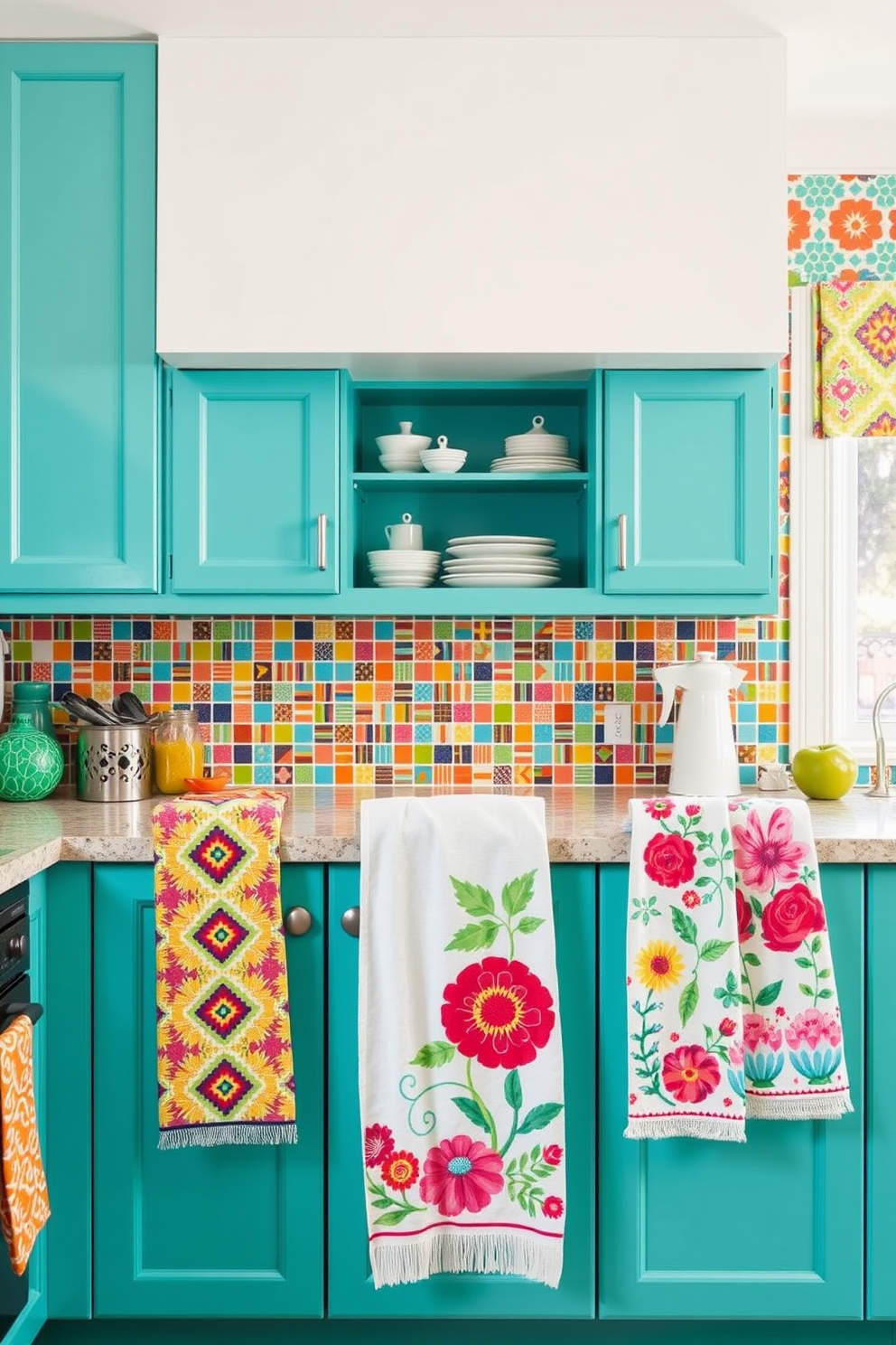 A vibrant kitchen adorned with colorful patterns. The walls are decorated with a lively mosaic tile backsplash, and the cabinets are painted in a bright turquoise hue. Charming kitchen towels featuring bold geometric prints and floral designs. Each towel adds a pop of color, enhancing the overall cheerful ambiance of the kitchen.