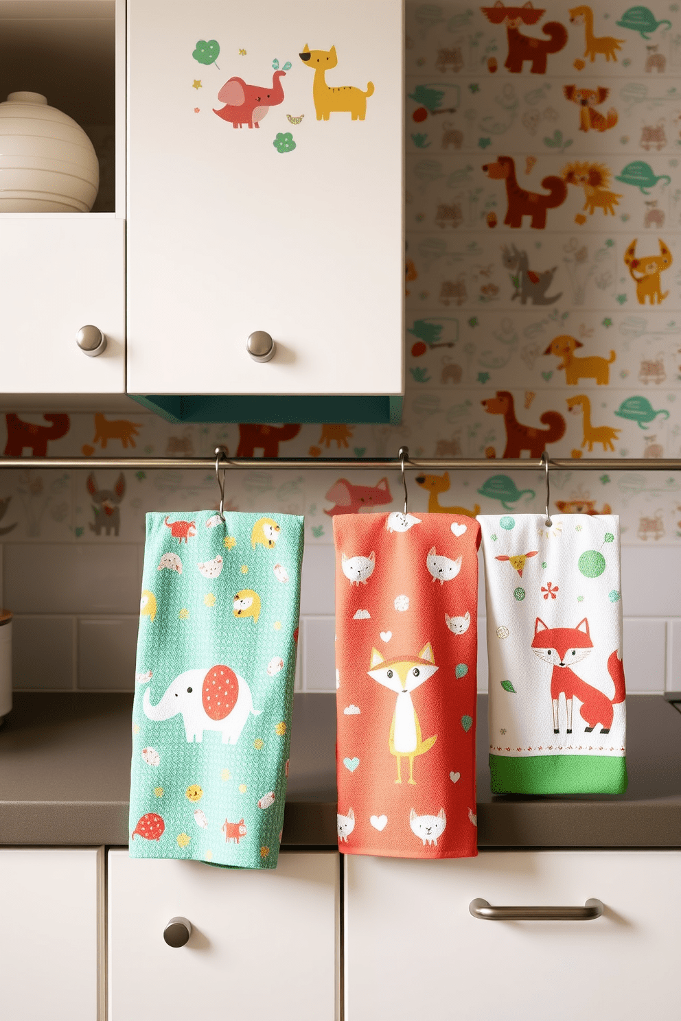 A playful kitchen filled with whimsical animal motifs. The walls are adorned with colorful wallpaper featuring various cartoon animals, creating a fun and inviting atmosphere. Brightly patterned kitchen towels showcase these animal designs, adding a touch of cheer to the space. Each towel features a different animal, from cheerful elephants to quirky foxes, enhancing the playful theme.