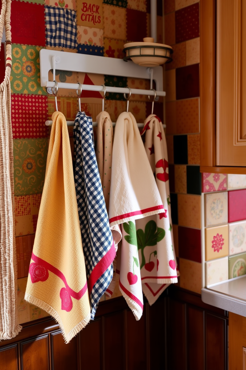 A cozy kitchen filled with warmth and charm. The walls are adorned with colorful patchwork designs that create an inviting atmosphere. Soft, textured kitchen towels in various patterns hang neatly on a rack. Each towel features unique prints that add a playful touch to the overall decor.