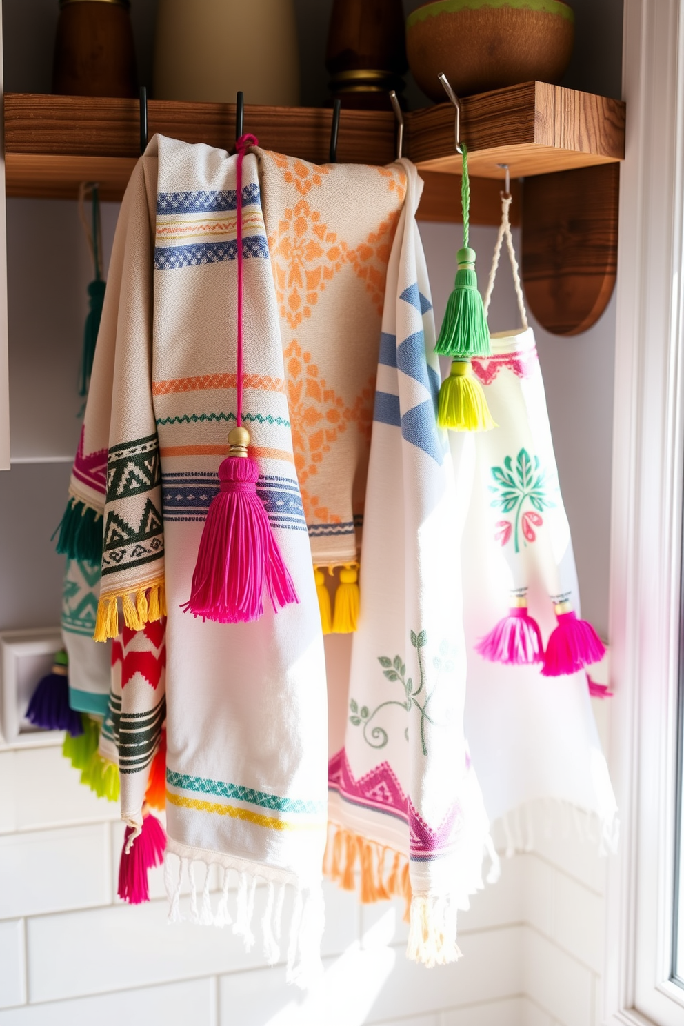 A vibrant kitchen scene featuring a collection of kitchen towels adorned with colorful tassels and fringes. Each towel showcases a unique pattern, from geometric shapes to floral designs, adding a playful touch to the culinary space. The towels are neatly arranged on a rustic wooden rack, with some hanging elegantly from hooks. Sunlight streams through a nearby window, highlighting the textures and colors of the towels, creating an inviting atmosphere.