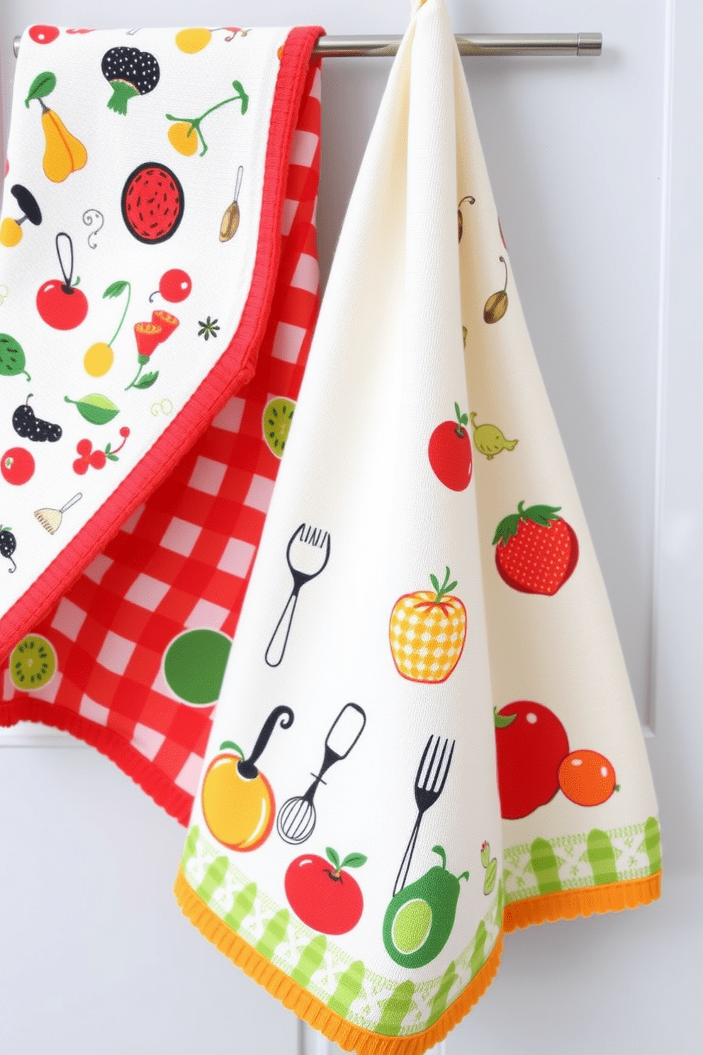 A charming kitchen towel design featuring retro prints that evoke a vintage twist. The fabric showcases bold colors and playful patterns reminiscent of the 1960s, adding a nostalgic touch to modern kitchens. The towels are adorned with whimsical illustrations of kitchen utensils and fresh produce, creating a fun and inviting atmosphere. Each design is complemented by a coordinating trim that enhances the overall aesthetic while maintaining a classic feel.