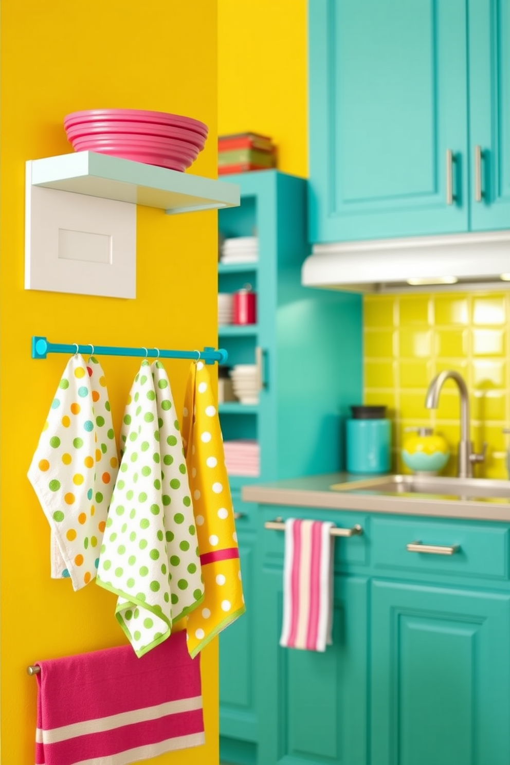 A bright and cheerful kitchen featuring vibrant colors that energize the space. The walls are painted in a lively yellow hue, and the cabinets are a bold turquoise, creating a playful atmosphere. The kitchen towels are designed with fun patterns such as polka dots and stripes in complementary colors. Each towel is neatly hung on a stylish rack, adding both functionality and a pop of color to the overall design.