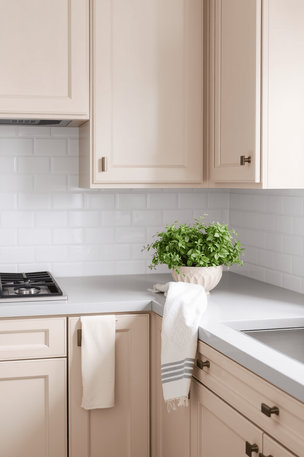 A serene kitchen setting showcasing neutral tones for an understated sophistication. The cabinetry is a soft beige, complemented by a white subway tile backsplash and a light gray countertop. On the countertop, stylish kitchen towels are neatly arranged, featuring subtle patterns in muted colors. A decorative bowl filled with fresh herbs adds a touch of greenery, enhancing the overall calm ambiance.