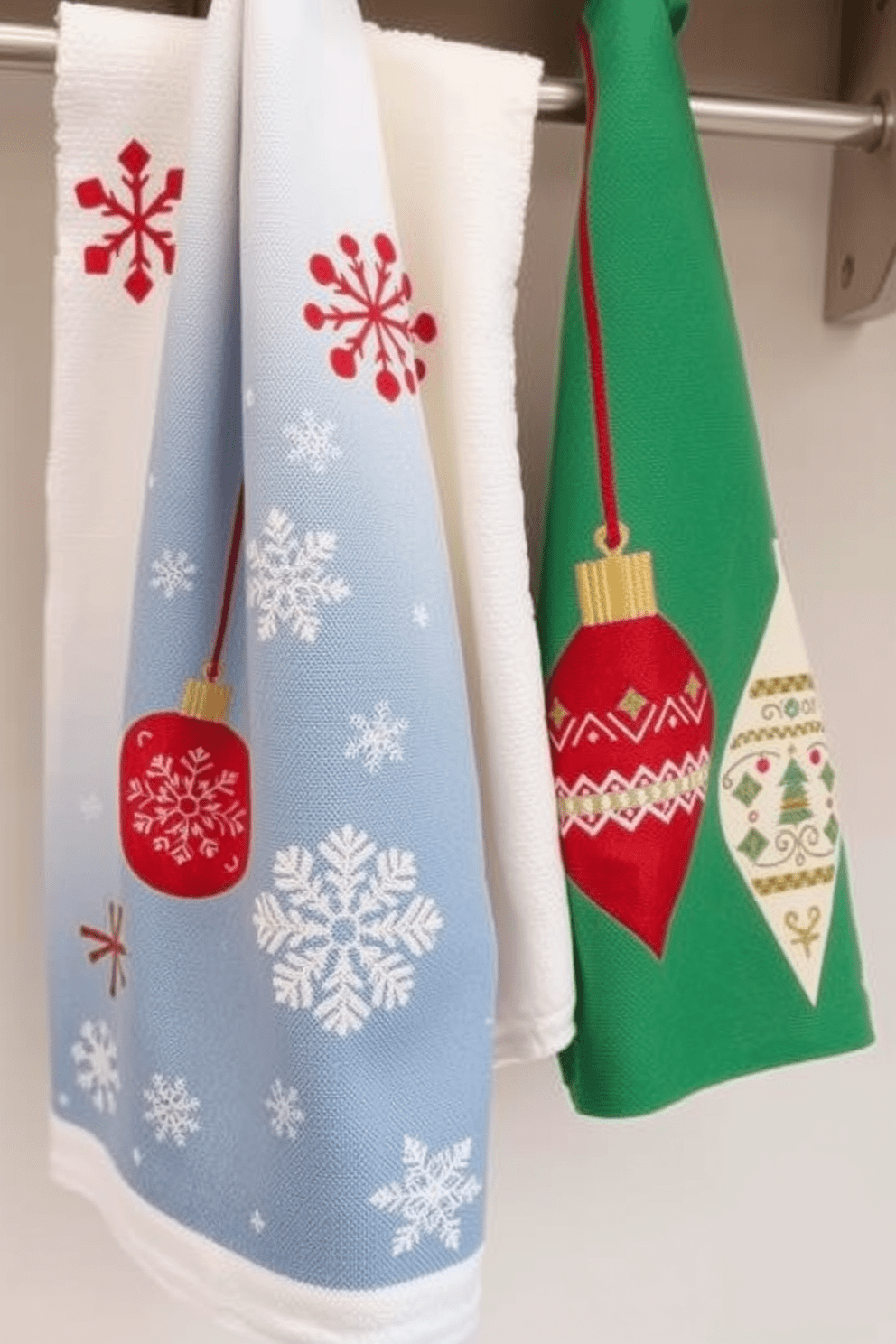 Holiday themed towels for festive spirit. The towels feature vibrant colors and playful patterns, showcasing snowflakes, Christmas trees, or holiday ornaments to create a cheerful atmosphere in the kitchen. Kitchen towel design ideas should incorporate seasonal motifs and textures. Consider using soft fabrics with embroidery or prints that evoke warmth and coziness, perfect for holiday gatherings.