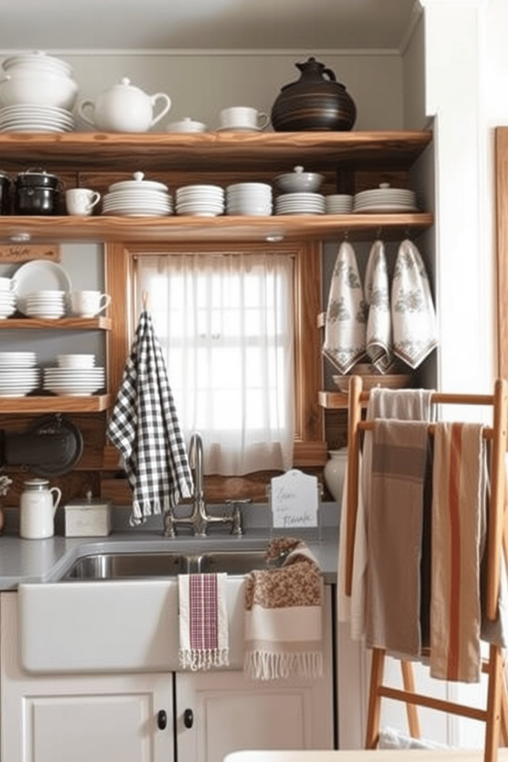 A cozy farmhouse kitchen adorned with rustic charm. The space features open wooden shelves filled with vintage dishware and a large farmhouse sink under a window with sheer curtains. Hanging from the shelves are beautifully designed kitchen towels in various patterns, including checks and florals. A wooden drying rack is placed nearby, showcasing a collection of towels in soft, earthy tones.