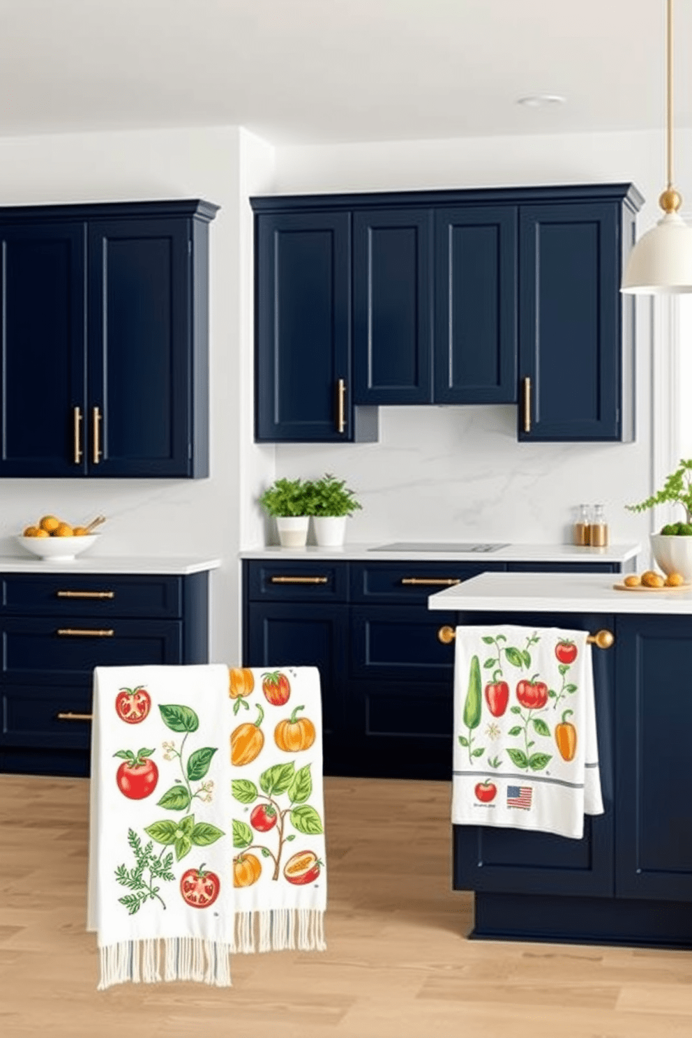 A modern kitchen featuring sleek cabinetry in a deep navy blue with brushed gold handles. The countertops are made of white quartz, and an island with bar stools provides a casual dining space. A collection of kitchen towels displaying vibrant patterns inspired by fresh herbs and vegetables. Each towel showcases a different design, including illustrations of basil, tomatoes, and peppers on a soft cotton fabric.