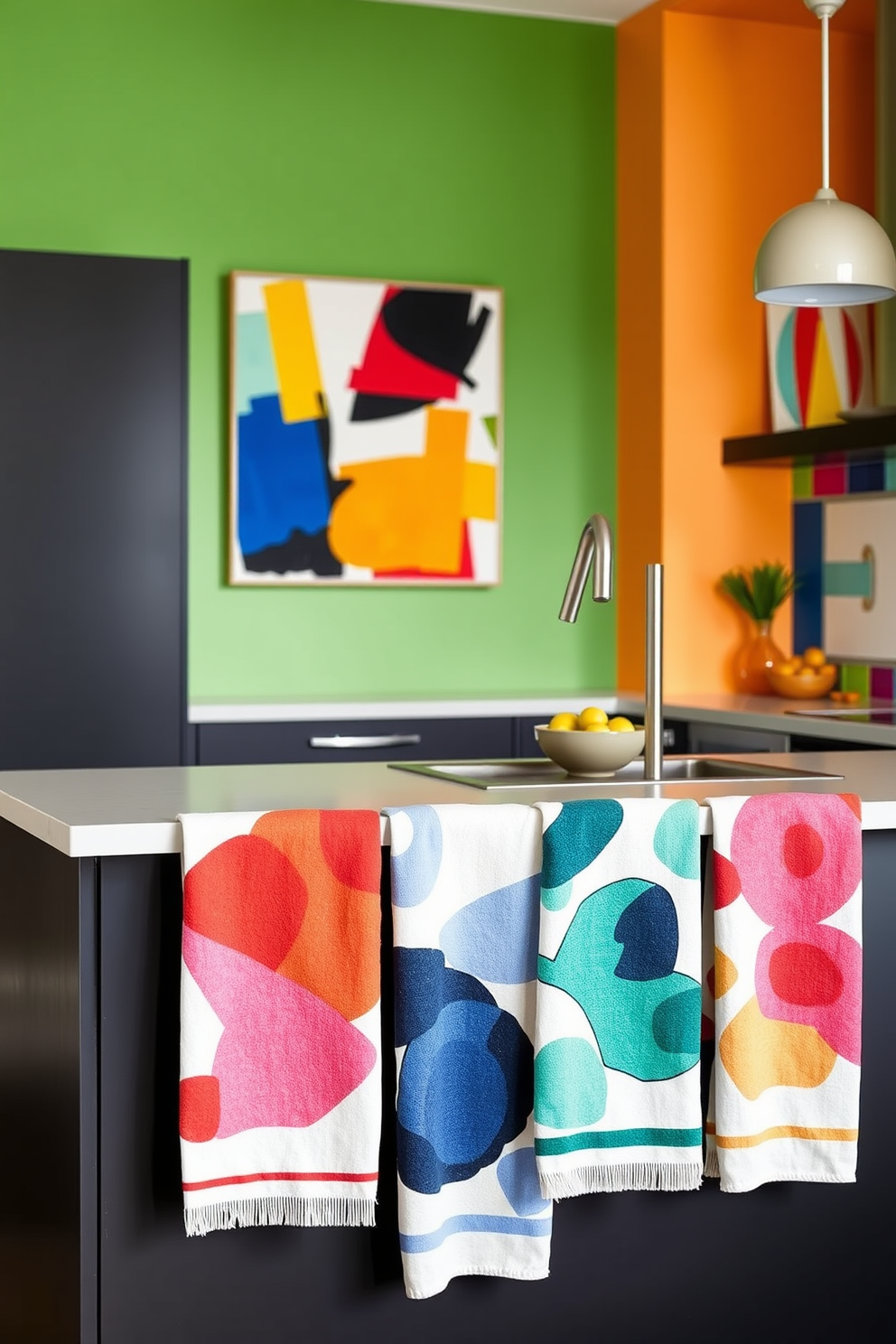 A vibrant kitchen featuring abstract art on the walls that adds a contemporary vibe. The artwork consists of bold colors and geometric shapes that create a dynamic focal point in the space. A collection of kitchen towels designed with abstract patterns in a variety of colors to enhance the modern aesthetic. Each towel showcases unique designs that blend functionality with artistic flair, making them perfect for both use and display.