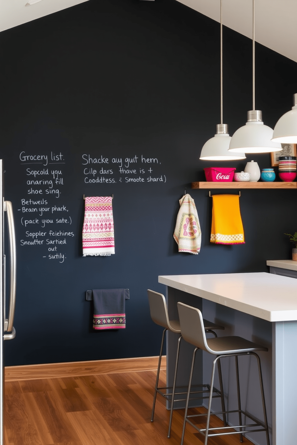 A modern kitchen featuring a chalkboard wall that serves as a creative canvas for grocery lists and meal planning. The space includes rustic wooden shelves displaying colorful kitchen towels with unique patterns and designs, adding a playful touch to the overall aesthetic. The kitchen has sleek stainless steel appliances and an island with bar stools for casual dining. Bright pendant lights hang above the island, illuminating the vibrant towels and enhancing the inviting atmosphere.