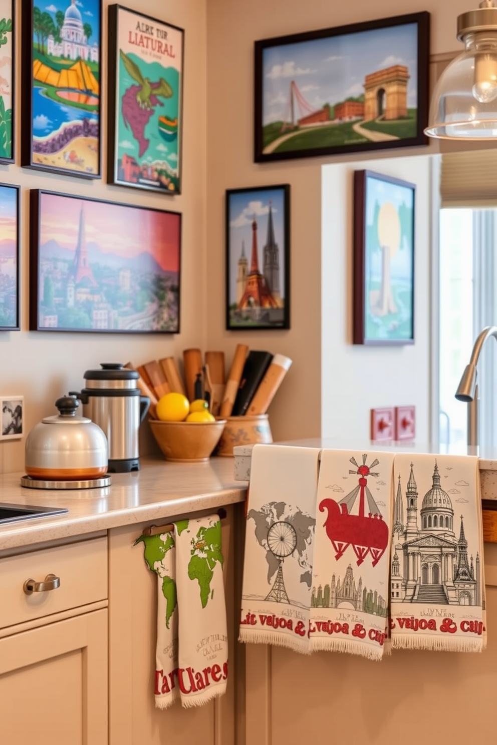 A kitchen infused with travel-inspired prints showcasing vibrant landscapes and iconic landmarks. The walls are adorned with colorful artwork that evokes a sense of adventure and exploration. Charming kitchen towels designed with various travel motifs such as world maps and famous city skylines. Each towel features a unique pattern that adds a playful touch to the kitchen while celebrating the spirit of wanderlust.