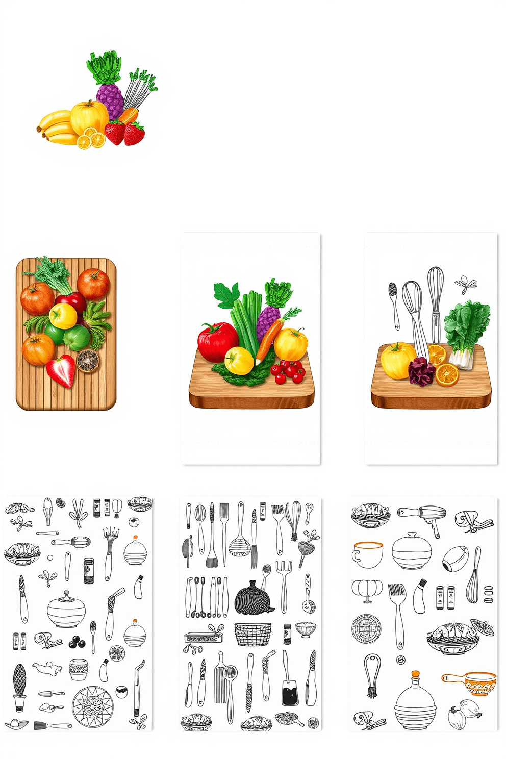 A collection of culinary illustrations featuring vibrant fruits and vegetables arranged artistically on a wooden cutting board. The background is a soft pastel color that enhances the freshness of the ingredients. Stylish kitchen towel designs showcasing intricate patterns inspired by various cuisines around the world. Each towel features a unique illustration of cooking tools or ingredients, adding a personal touch to any kitchen decor.