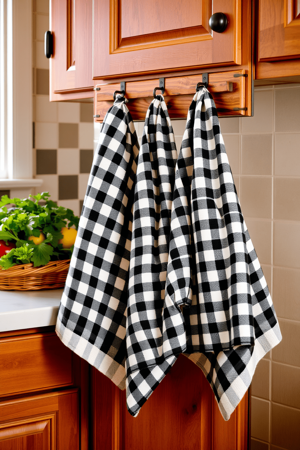 A classic kitchen setting featuring a checkered pattern that evokes a traditional feel. The kitchen towels are adorned with alternating black and white checks, adding a timeless charm to the space. The towels are neatly hung on a rustic wooden rack, complementing the warm tones of the cabinetry. A woven basket filled with fresh produce sits nearby, enhancing the inviting atmosphere of the kitchen.