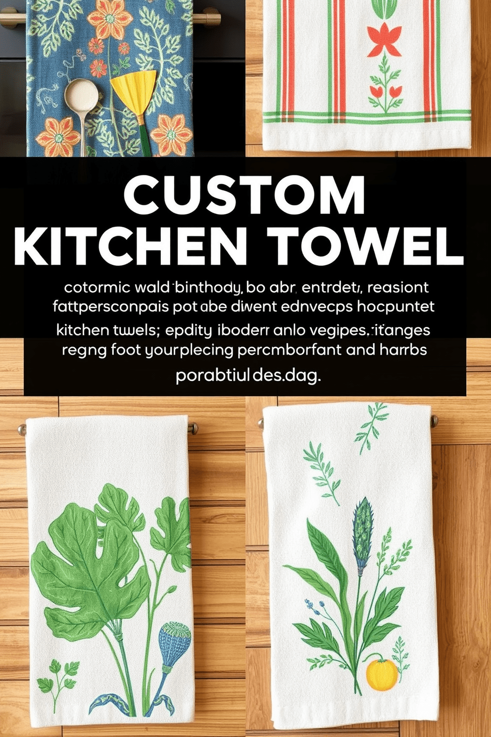 Create a series of custom kitchen towel designs that reflect personal style and taste. Incorporate elements such as vibrant colors, unique patterns, and meaningful symbols that resonate with the homeowner's personality. Design kitchen towels featuring botanical prints inspired by the homeowner's favorite herbs and vegetables. Use a combination of soft textures and durable fabrics to ensure both aesthetic appeal and practical functionality.