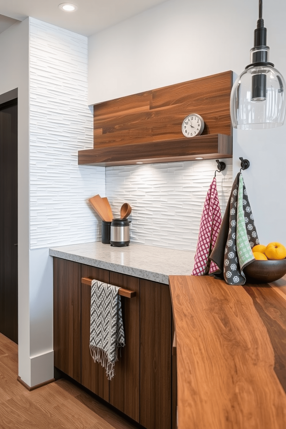 A modern kitchen featuring layered textures for depth and interest. The walls are adorned with a combination of rustic wood paneling and sleek white tiles, creating a warm yet contemporary atmosphere. The countertop is a blend of polished granite and reclaimed wood, providing a striking contrast. Soft lighting illuminates the space, highlighting the intricate details of the textured backsplash and the stylish kitchen accessories. Innovative kitchen towel design ideas are showcased throughout the space. Colorful, patterned towels hang elegantly from hooks, adding a playful touch to the overall aesthetic.