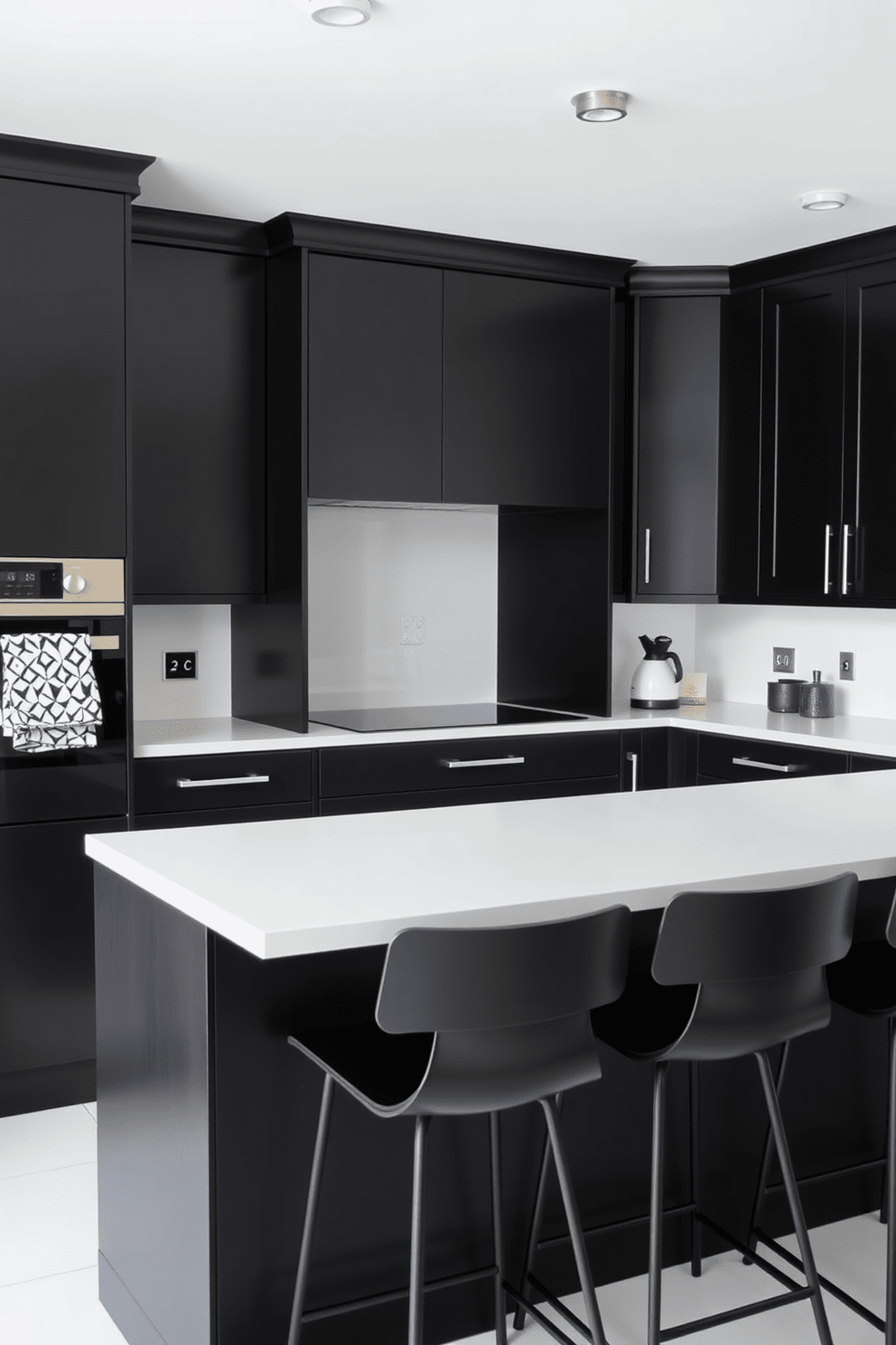 A contemporary kitchen featuring a monochrome color palette. The cabinetry is matte black with sleek handles, and the countertops are a polished white stone, creating a striking contrast. The kitchen island is adorned with minimalist bar stools in a matching black finish. A stylish black and white patterned kitchen towel hangs from the oven door, adding a touch of elegance to the space.