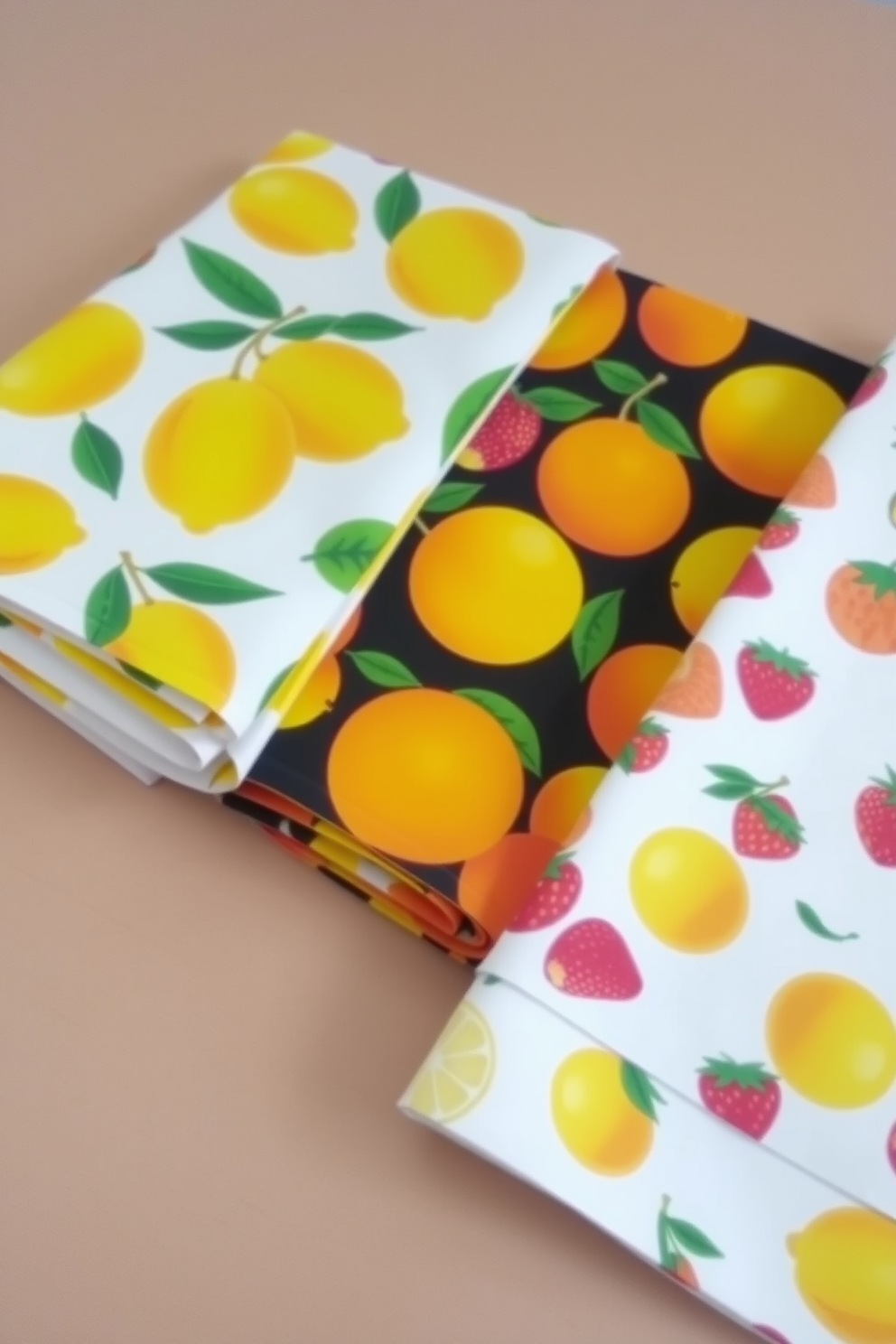 Bright fruit patterns for a fresh look. The kitchen towels feature vibrant designs with assorted fruits like lemons, oranges, and strawberries, creating a cheerful atmosphere in the kitchen. The towels are made from high-quality cotton for absorbency and durability. Each towel has a different fruit pattern, adding variety and fun to your kitchen decor.