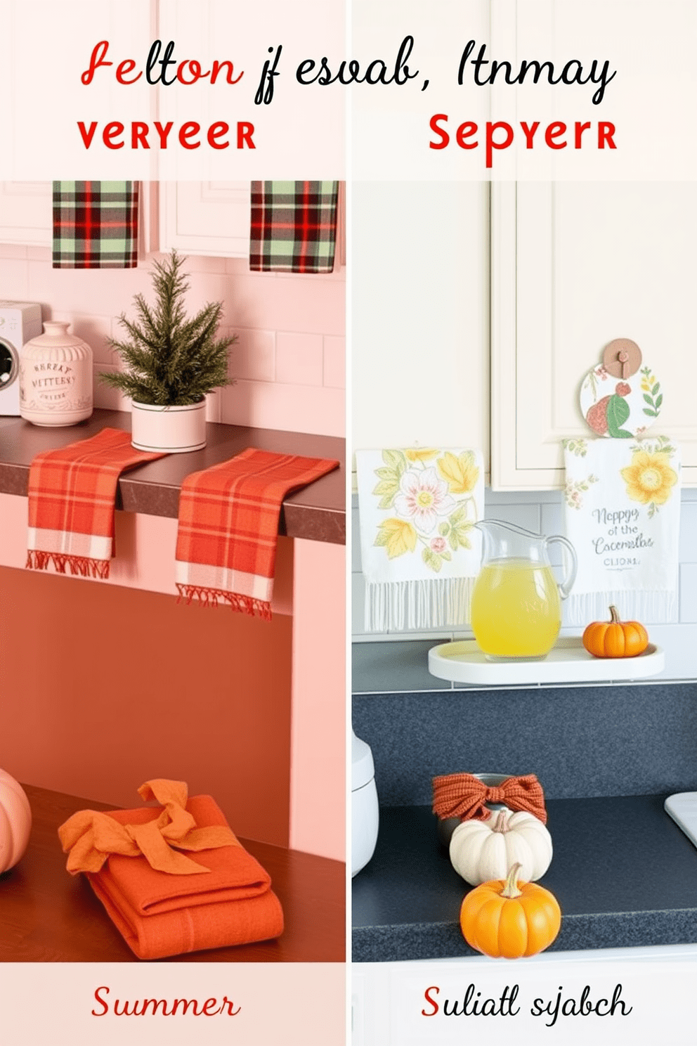 A cozy kitchen setting with seasonal decor that changes throughout the year. In winter, a festive red and green theme with plaid towels and a small evergreen centerpiece adorns the countertop. As spring arrives, the kitchen transforms with pastel-colored towels featuring floral patterns and a bright fruit bowl. In summer, vibrant beach-themed towels and a refreshing pitcher of lemonade bring a cheerful atmosphere. For autumn, warm tones of orange and brown towels paired with a rustic pumpkin display create a welcoming vibe. Each season highlights unique textures and colors, ensuring the kitchen remains inviting and stylish year-round.