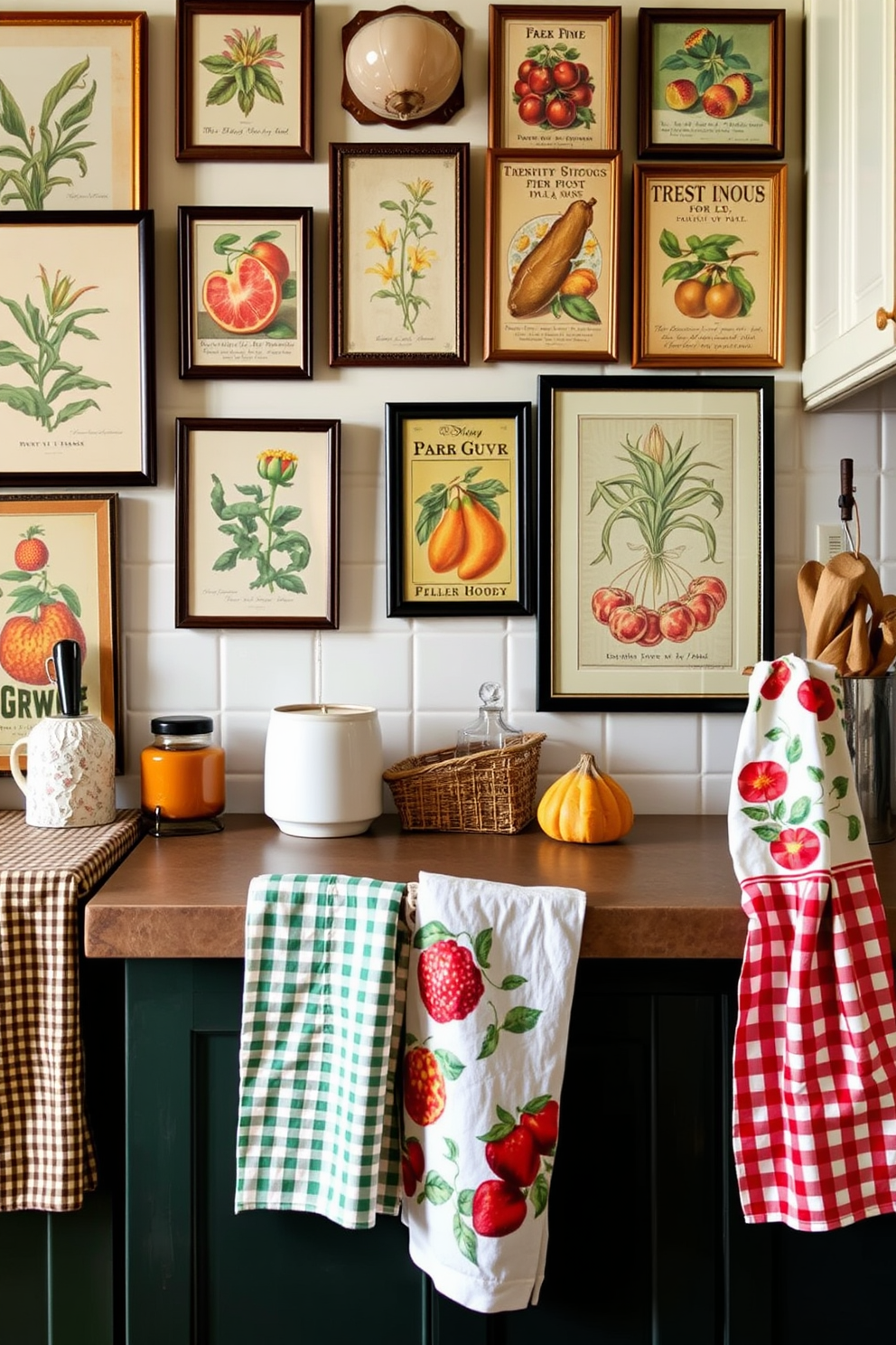 A cozy kitchen space adorned with vintage prints that evoke a sense of nostalgia. The walls are decorated with framed botanical illustrations and antique food advertisements, creating a charming gallery effect. A collection of kitchen towels featuring retro patterns and colors that complement the vintage theme. Each towel showcases unique designs, including checkered patterns and classic fruit motifs, adding warmth and character to the kitchen decor.