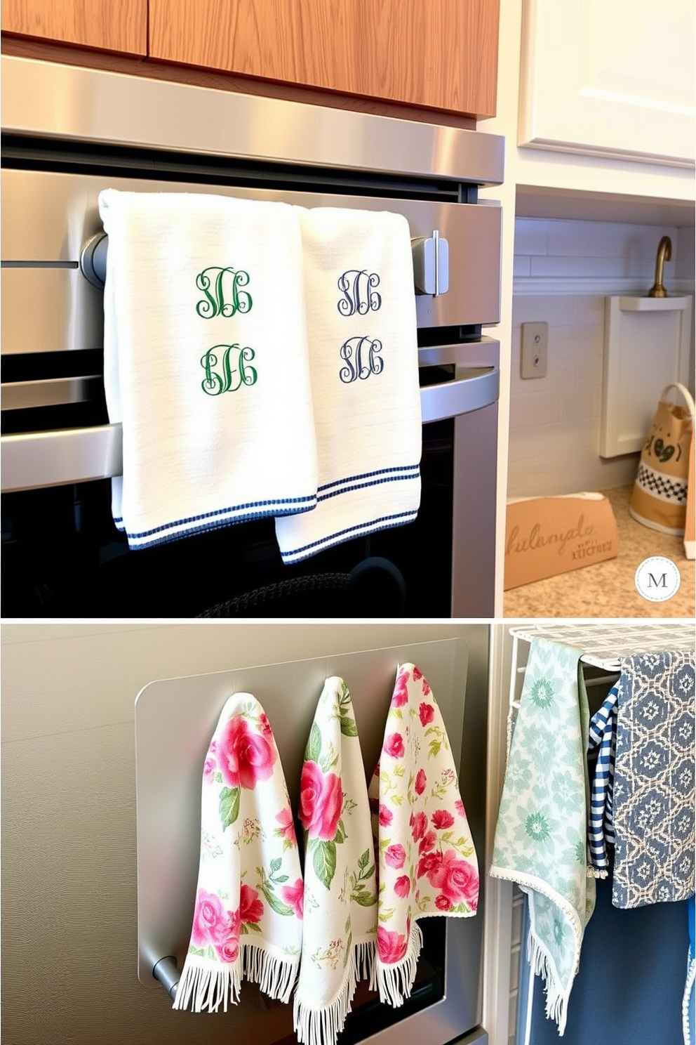 A stylish kitchen featuring personalized towels with custom embroidery hanging on the oven handle. The towels are designed with elegant monograms and vibrant colors that complement the kitchen's decor. A cozy kitchen nook showcases various kitchen towel design ideas, including floral patterns and contemporary geometric prints. The towels are neatly arranged on a decorative rack, adding a touch of charm to the space.