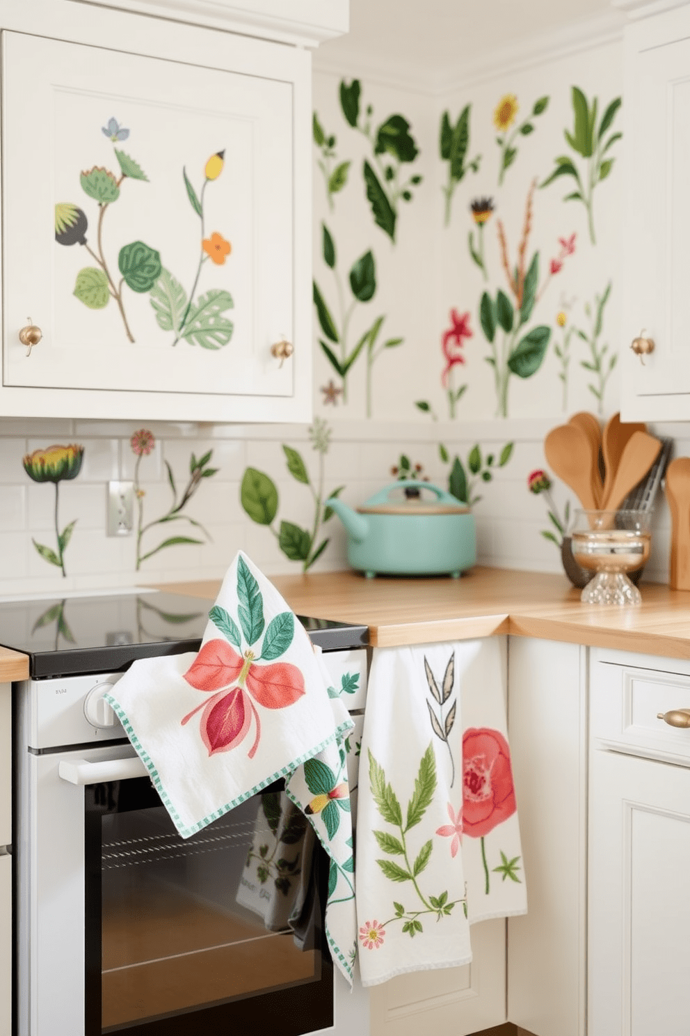 A bright kitchen featuring botanical prints on the walls creates a fresh and lively atmosphere. The cabinets are painted in a soft white, and the countertops are made of light wood, complementing the greenery in the prints. Stylish kitchen towels hang neatly on the oven handle, showcasing various designs inspired by nature. Each towel features vibrant colors and patterns that enhance the overall aesthetic of the space.