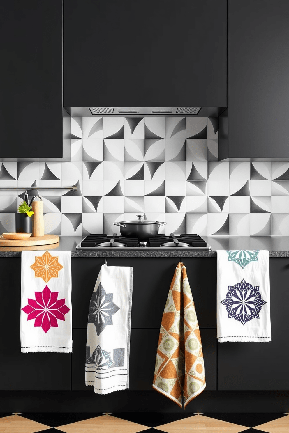 A modern kitchen featuring geometric patterns that create a striking visual impact. The walls are adorned with bold, angular tiles in a monochromatic color scheme, complementing sleek cabinetry. A collection of kitchen towels designed with vibrant geometric prints in various colors. Each towel showcases a unique pattern, adding a playful yet sophisticated touch to the kitchen decor.