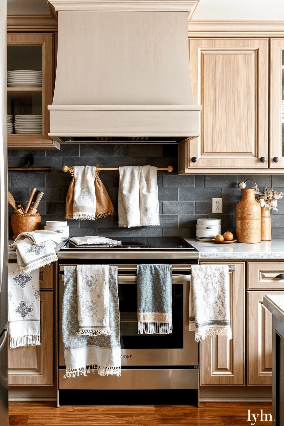 A kitchen adorned with textured linen accents creates an inviting and sophisticated atmosphere. The kitchen towels feature elegant patterns and soft colors that complement the overall design, adding warmth and style to the space. Incorporate various textures and shades of linen to enhance the visual appeal of the kitchen. The thoughtfully chosen towel designs harmonize with the cabinetry and countertops, creating a cohesive and elegant look.