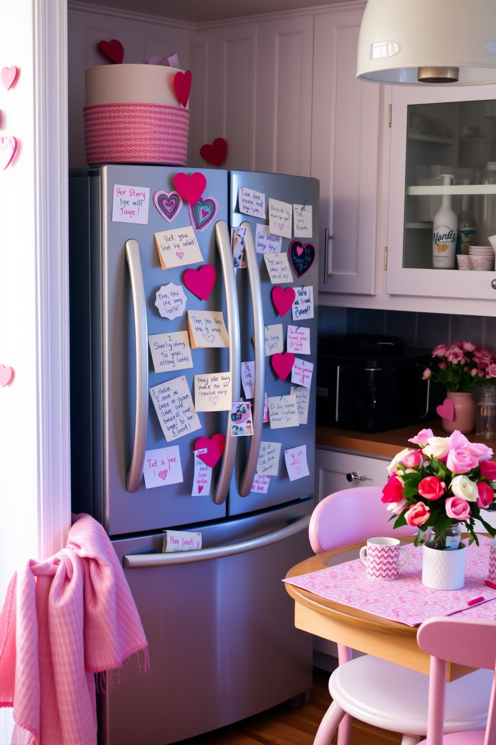 A charming kitchen adorned with love notes stuck on the refrigerator doors. Each note is handwritten in colorful ink and features sweet messages and doodles, creating a playful and romantic atmosphere. The refrigerator is surrounded by heart-shaped decorations and soft pink accents. A cozy dining nook with a small table is set nearby, complete with heart-themed tableware and a bouquet of fresh flowers.