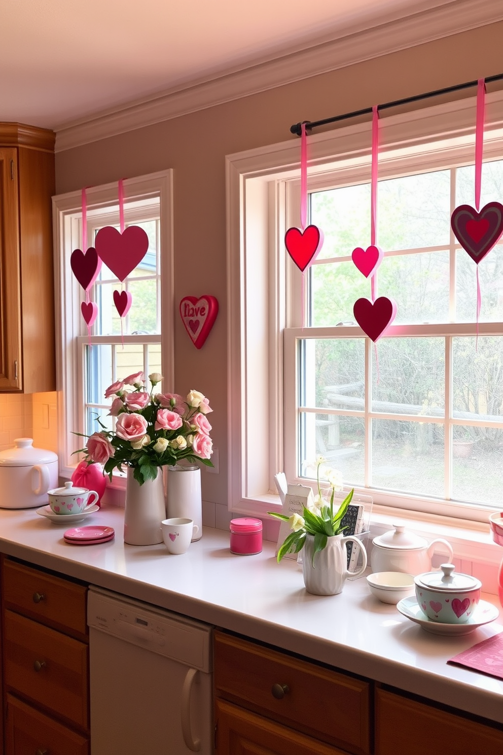 A cozy kitchen adorned with conversation heart decorations on the windows. The hearts are made of colorful paper and hang from delicate ribbons, adding a festive touch to the space. The countertops are decorated with charming Valentine's Day-themed dishware and fresh flowers in a vase. Soft, warm lighting enhances the romantic atmosphere, making the kitchen inviting and cheerful.