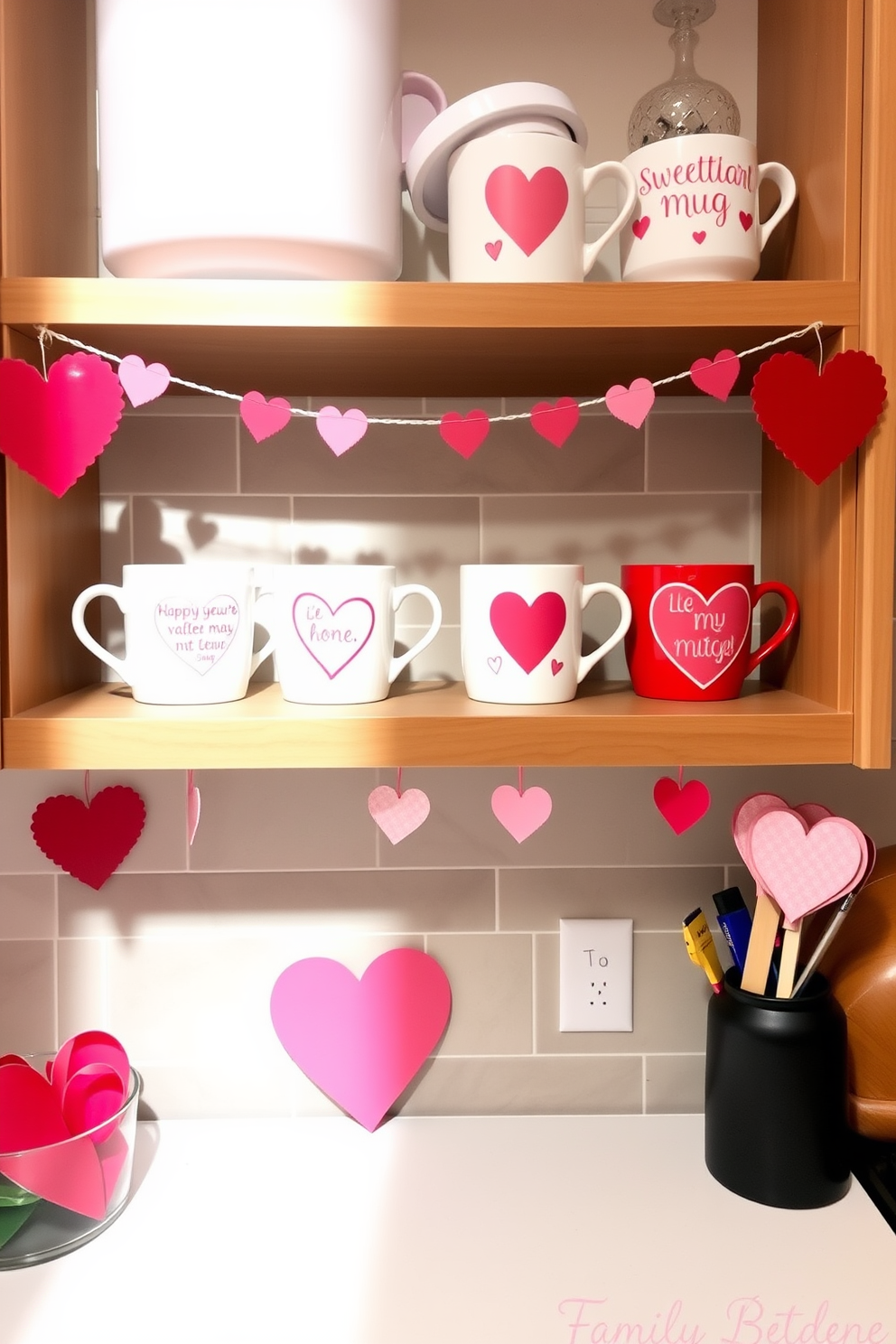 Sweetheart-themed mugs are displayed on open shelves, featuring playful designs in shades of pink and red. The kitchen is adorned with heart-shaped decorations, creating a warm and inviting atmosphere for Valentine's Day.