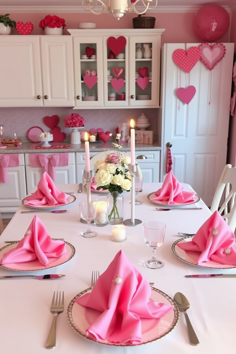 A beautifully set festive table adorned with pink napkins elegantly folded at each place setting. The table features a white tablecloth, delicate floral centerpieces, and romantic candlelight to create a warm and inviting atmosphere. A charming kitchen decorated for Valentine's Day with heart-themed accents and soft pink hues. The countertops are adorned with sweet treats, and heart-shaped decorations hang from the cabinets, adding a playful touch to the space.