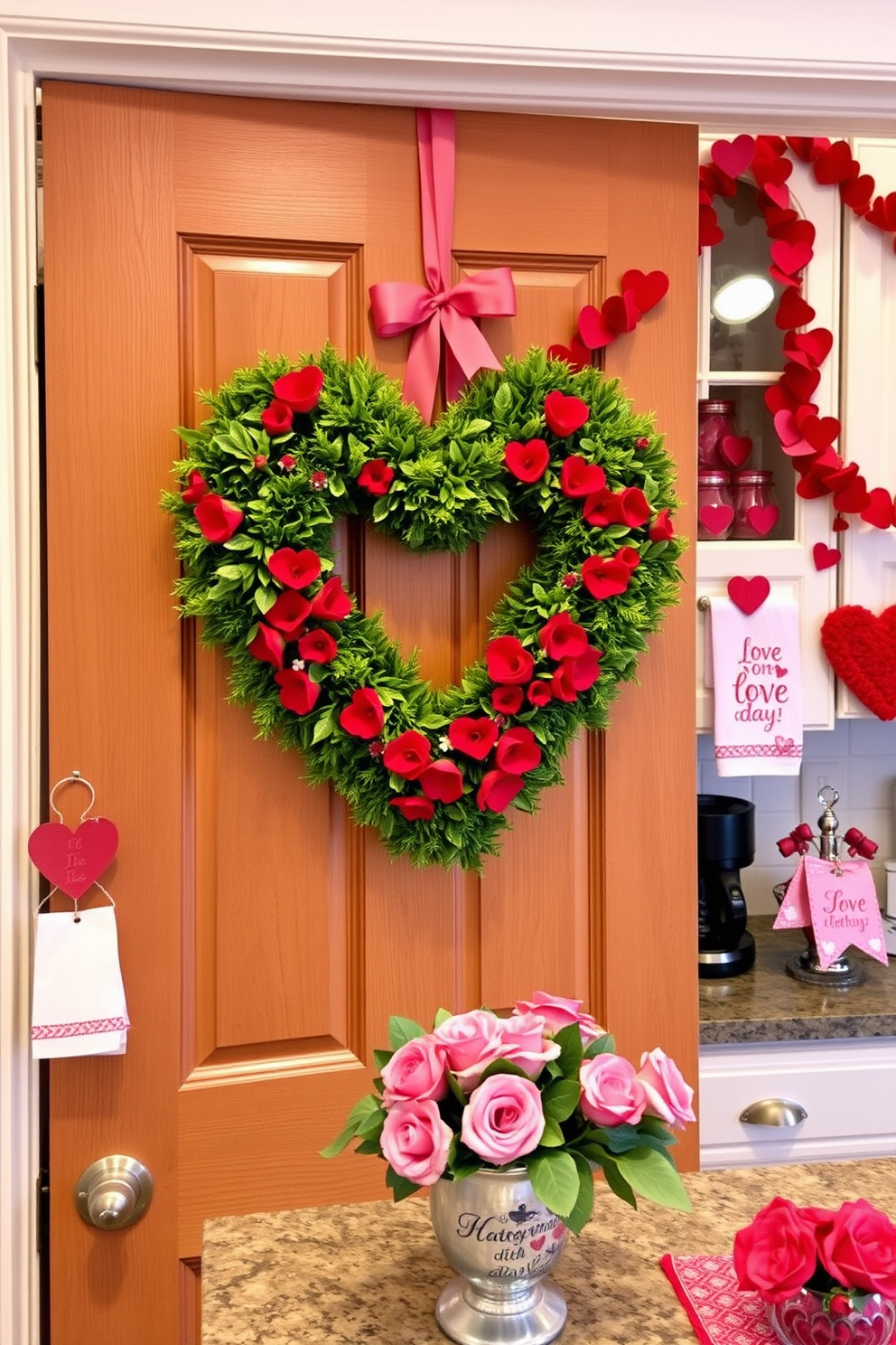 A decorative heart-shaped wreath hangs on a charming front door, crafted from lush greenery and vibrant red flowers. The wreath is adorned with delicate ribbons, creating a warm and inviting entrance for guests. In the kitchen, Valentine's Day decorations bring a festive touch, featuring heart-shaped garlands draped across cabinets. Cheerful red and pink accents are scattered throughout, including heart-themed dish towels and a centerpiece filled with roses.