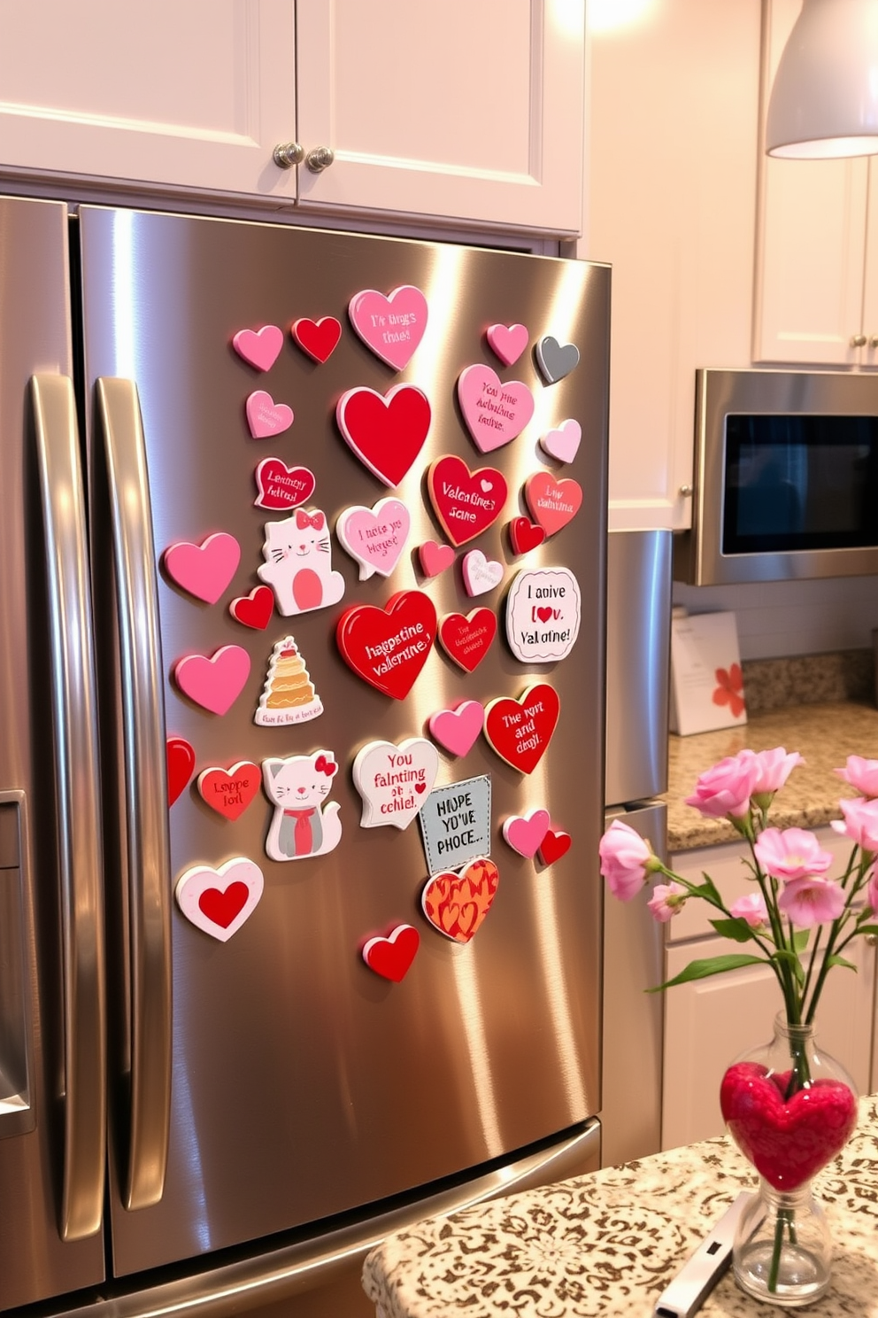 A collection of colorful Valentine themed fridge magnets is artfully displayed on a stainless steel refrigerator. The magnets feature heart shapes, cute animals, and romantic quotes, creating a cheerful and festive atmosphere in the kitchen. The kitchen countertops are adorned with small decorative items like heart-shaped dishware and pink flowers in a vase. Soft lighting enhances the warm ambiance, making the space inviting for Valentine’s Day celebrations.