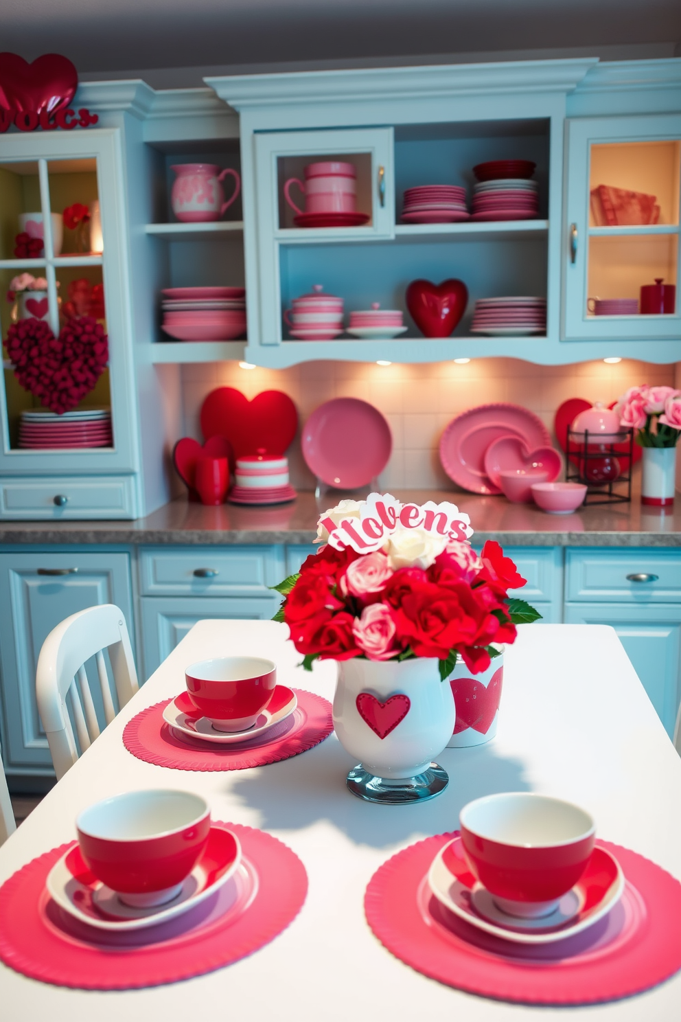 A charming kitchen setting adorned with red and pink dishware for Valentine's Day. The table is elegantly set with heart-shaped plates and matching cups, complemented by a vibrant floral centerpiece. On the shelves, colorful dishware is artfully arranged alongside festive decorations. Soft, ambient lighting enhances the romantic atmosphere, creating a warm and inviting space for celebrating the season.