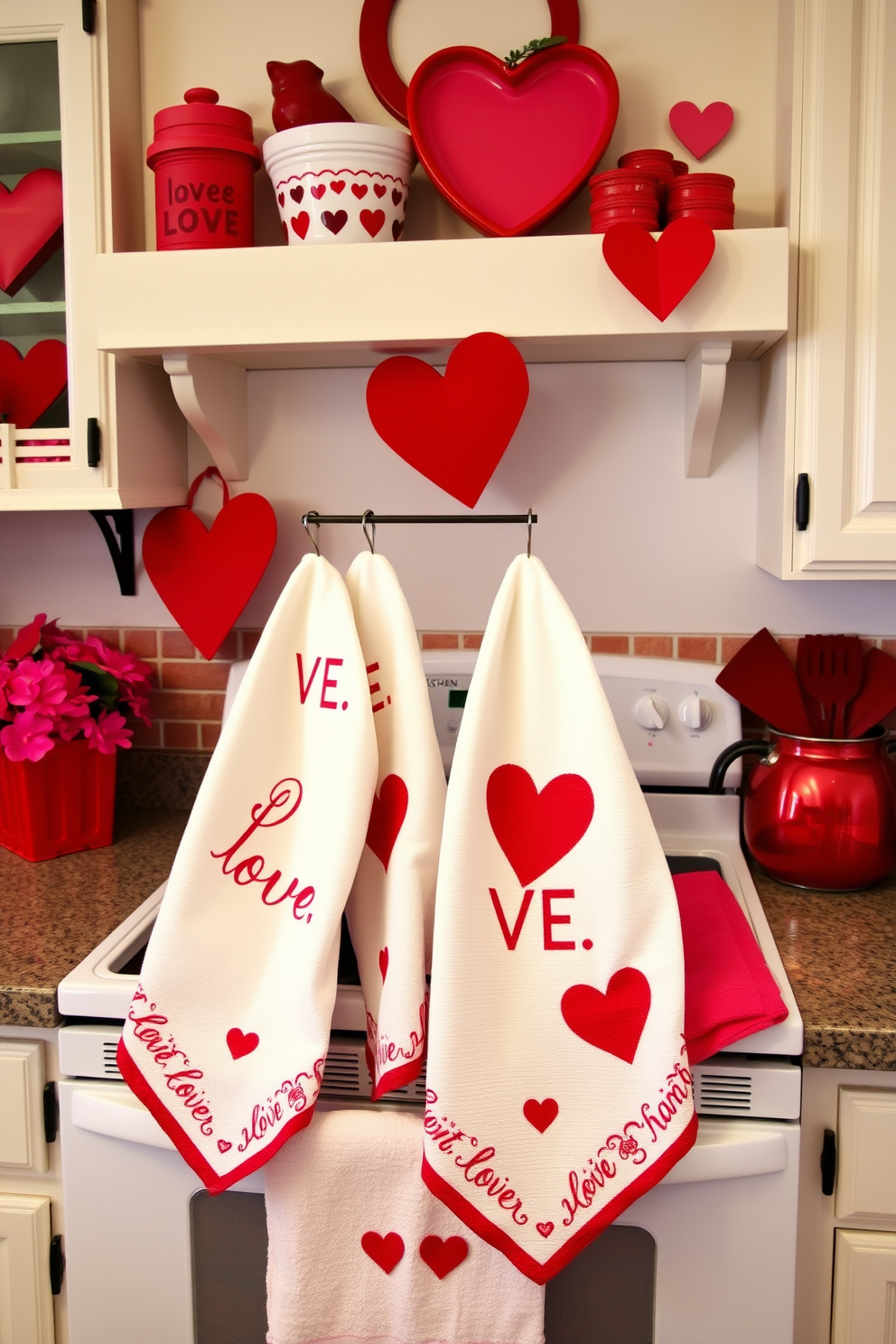 A charming kitchen adorned with love-themed dish towels hanging from the oven handle. The decor features heart-shaped accents and vibrant red and pink colors, creating a warm and inviting atmosphere for Valentine's Day celebrations.