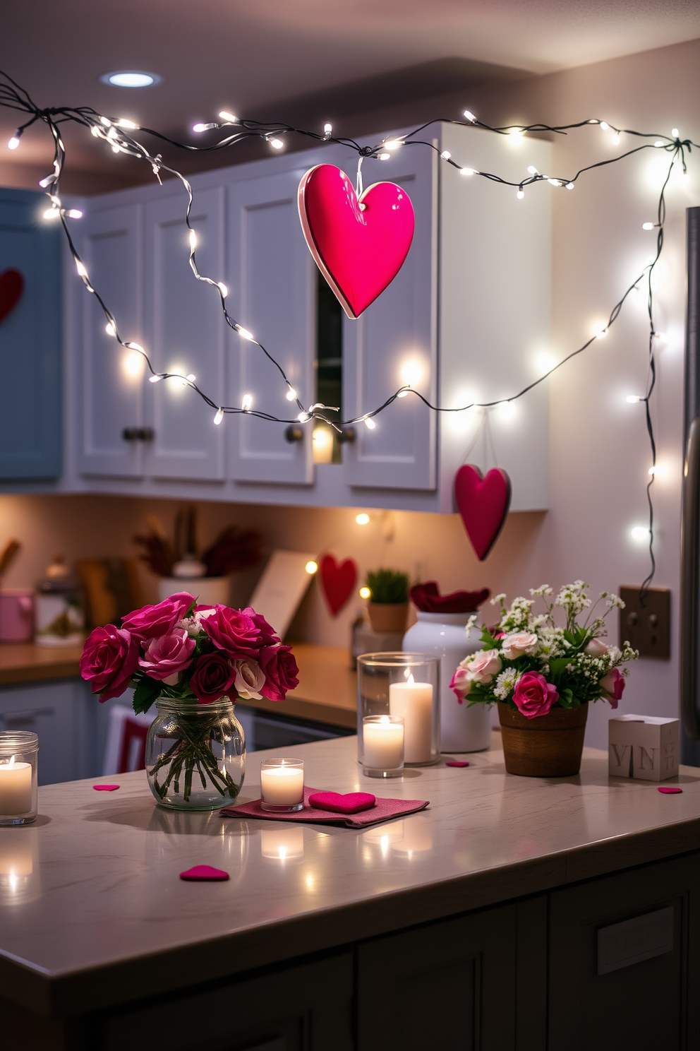 A cozy kitchen adorned with romantic fairy lights delicately strung above the counters creates a warm and inviting atmosphere. Soft, glowing lights illuminate the space, enhancing the charm of heart-themed decorations and fresh flowers for a perfect Valentine's Day setting.